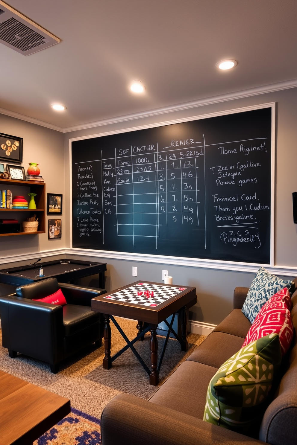 A cozy home game room featuring a large chalkboard wall for scorekeeping and jotting down ideas. The space is adorned with comfortable seating, colorful game-themed decor, and ambient lighting to create an inviting atmosphere.