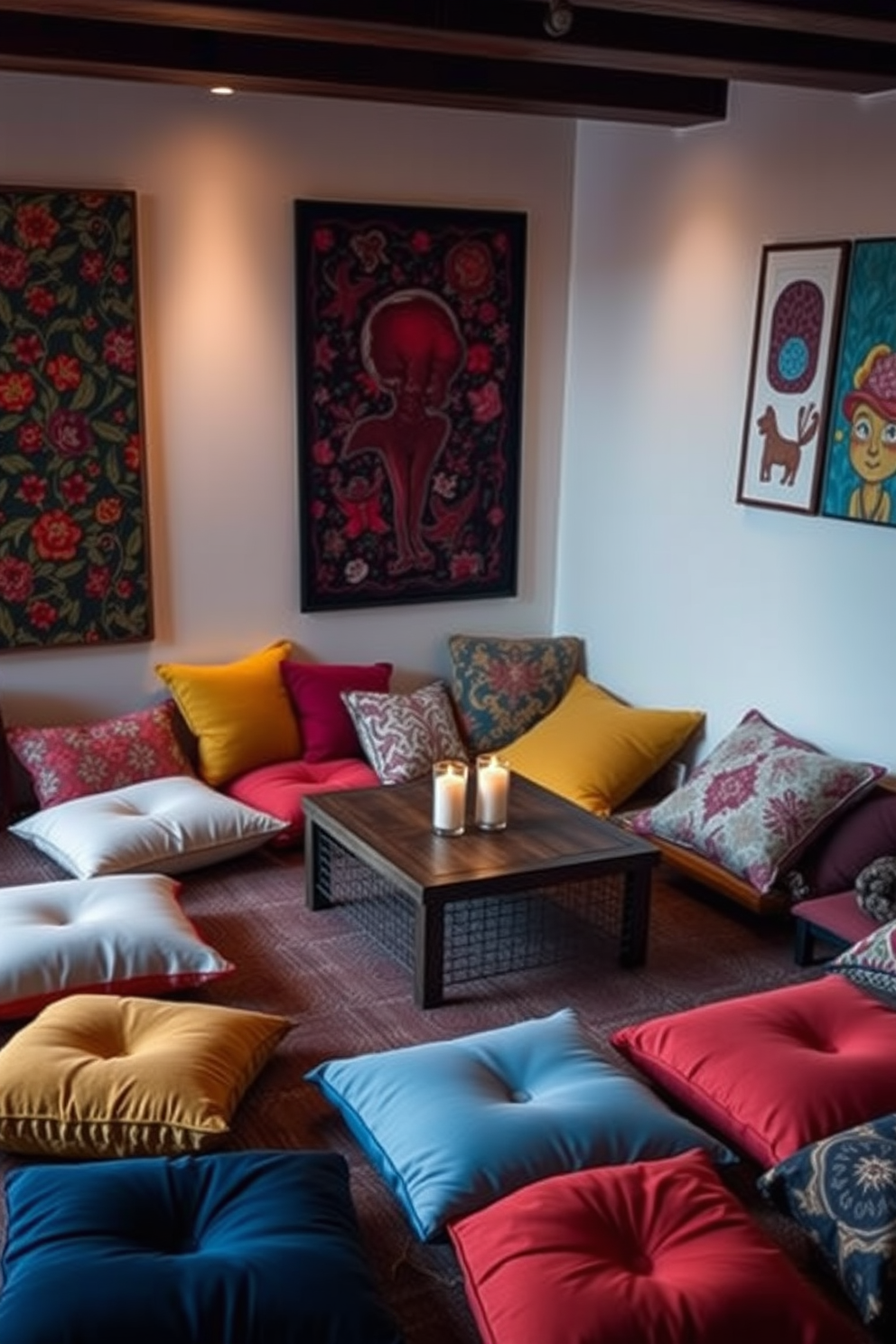 Create a cozy home game room featuring a variety of floor cushions in different sizes and colors arranged around a low coffee table. The walls are adorned with vibrant artwork and the space is illuminated by soft, ambient lighting to create a relaxed atmosphere.