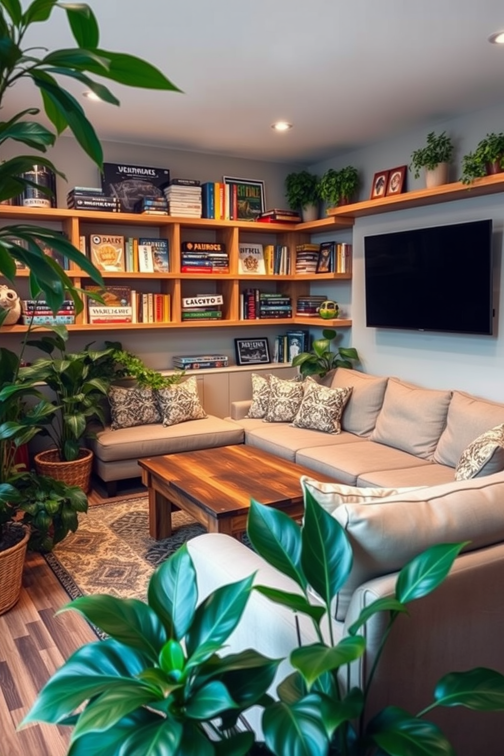 A cozy game room filled with natural elements. Lush green plants are strategically placed around the space, adding a fresh and vibrant touch. The room features a comfortable sectional sofa in a neutral tone, accompanied by a rustic wooden coffee table. A large wall-mounted TV is framed by shelves filled with board games and books, creating an inviting atmosphere.