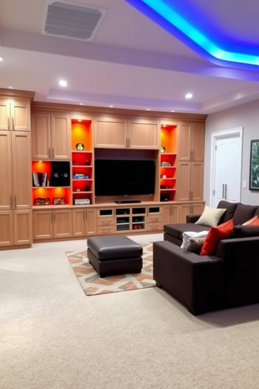 A spacious home game room featuring custom-built cabinets for organized storage. The cabinets are designed with a sleek finish and ample shelving to accommodate games and entertainment equipment. The room includes a comfortable sectional sofa positioned around a large flat-screen TV. Bright accent colors and ambient lighting create a lively atmosphere perfect for entertaining friends and family.