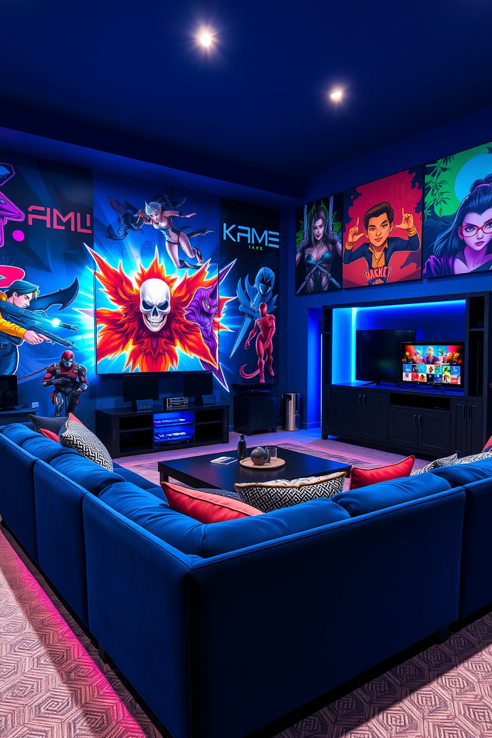 A vibrant home game room featuring a large sectional sofa in deep blue, surrounded by colorful themed wall art that reflects various gaming styles. The room includes a custom-built entertainment center housing the latest gaming consoles, with ambient LED lighting highlighting the artwork and creating an immersive atmosphere.