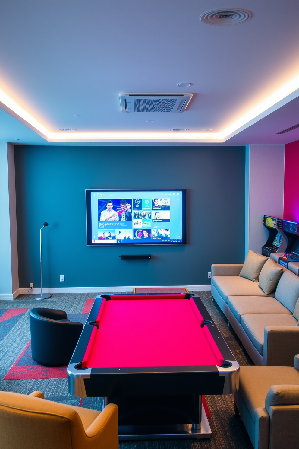 A modern interactive whiteboard is mounted on a sleek wall in a spacious office setting. The board features a user-friendly interface and is surrounded by comfortable seating for collaborative brainstorming sessions. The game room is designed with vibrant colors and plush seating arrangements. A large sectional sofa faces a state-of-the-art entertainment system, while a pool table and arcade games add to the fun atmosphere.