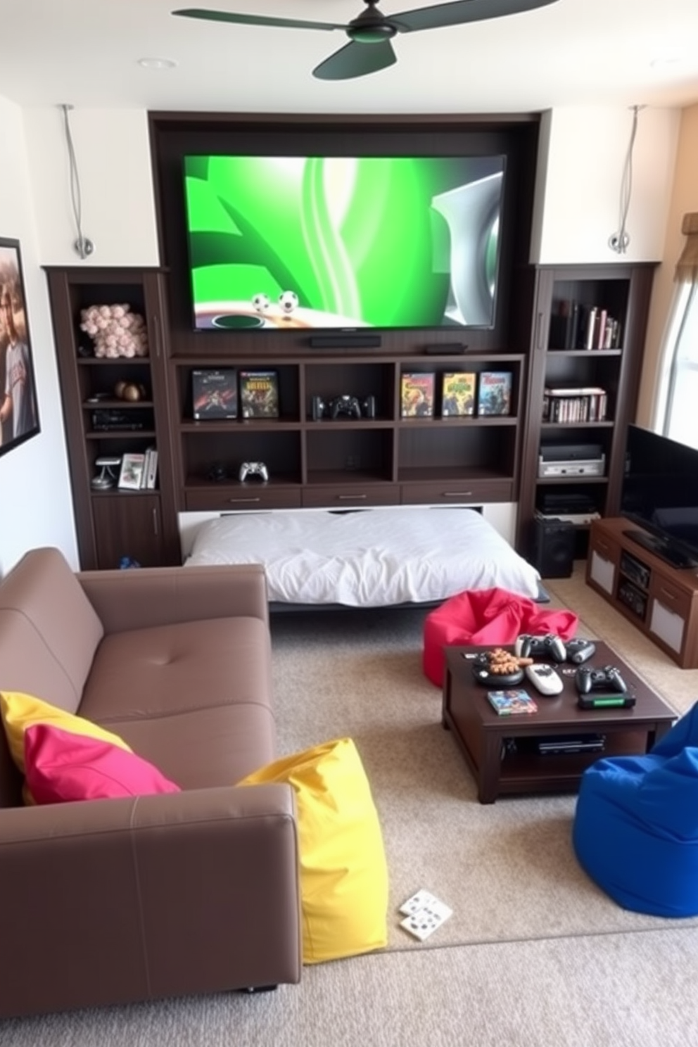 A cozy home game room featuring multi-functional furniture that maximizes space efficiency. The room includes a sleek sofa that converts into a bed and a coffee table that doubles as a storage unit for games and accessories. Brightly colored bean bags are scattered throughout the room, providing casual seating options. A wall-mounted entertainment center houses a large screen and shelves for games, ensuring everything is neatly organized and easily accessible.