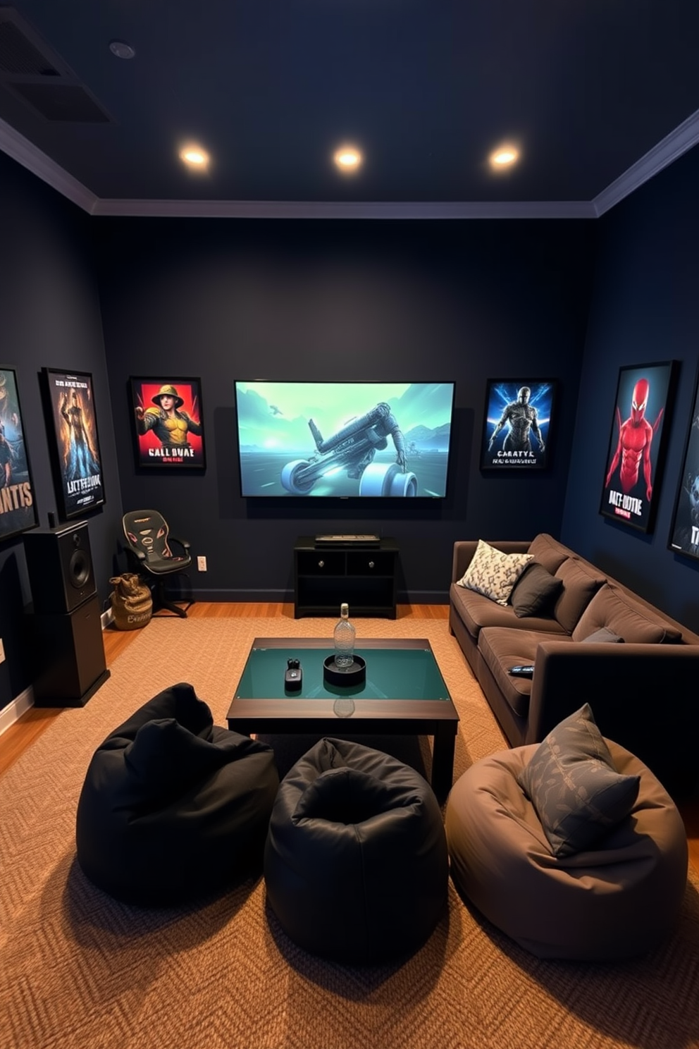 A cozy home game room featuring soft lighting that creates a relaxed atmosphere. The walls are painted in a deep navy blue and adorned with framed gaming posters. A plush sectional sofa is positioned in front of a large screen, perfect for immersive gaming experiences. A stylish coffee table sits in the center, surrounded by comfortable bean bags for additional seating.