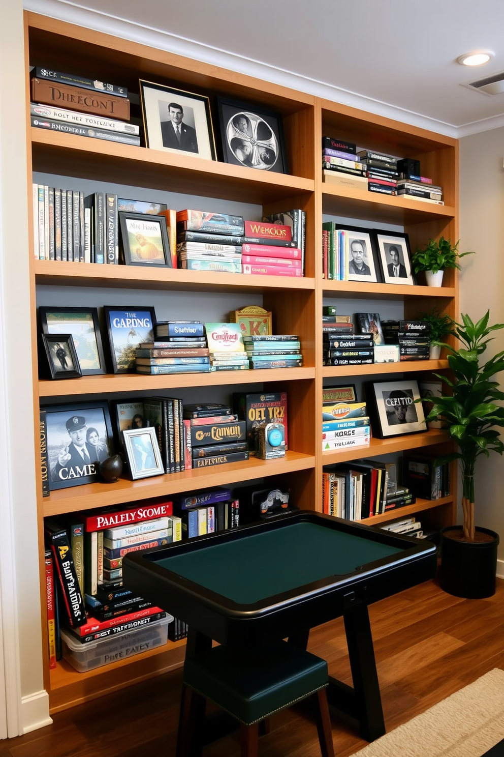 A stylish home game room featuring open shelving designed for game storage and display. The shelves are filled with a variety of board games and gaming accessories, complemented by decorative elements like framed photos and plants.