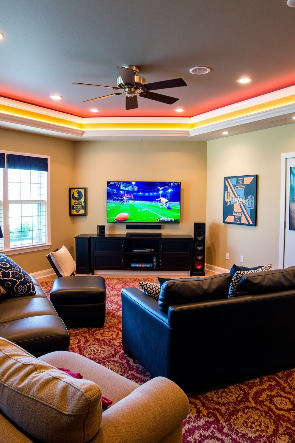 A cozy home game room designed for an immersive experience. The walls are adorned with soundproof panels in a deep blue hue, creating a serene atmosphere for gaming. A large sectional sofa with plush cushions faces a wall-mounted flat-screen TV. Ambient LED lighting strips illuminate the room, enhancing the excitement of game nights.