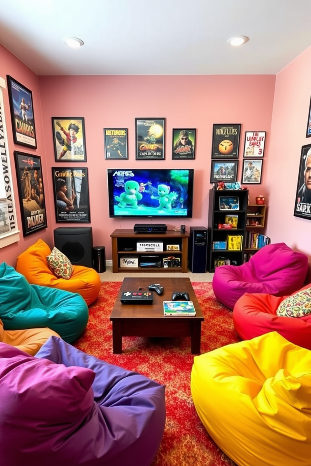 A vibrant home game room designed for relaxation and entertainment. The space features colorful bean bags scattered around a low coffee table, creating a cozy atmosphere for friends and family to gather. The walls are adorned with framed posters of classic video games and favorite movies. A large flat-screen TV is mounted on one wall, while a game console and board games are neatly arranged on shelves nearby.