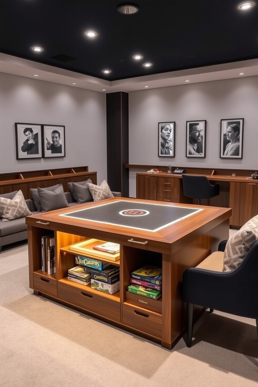 A modern game room featuring a stylish game table with built-in storage options for board games and accessories. The space is designed with comfortable seating and ambient lighting to create a cozy atmosphere for game nights with friends and family.