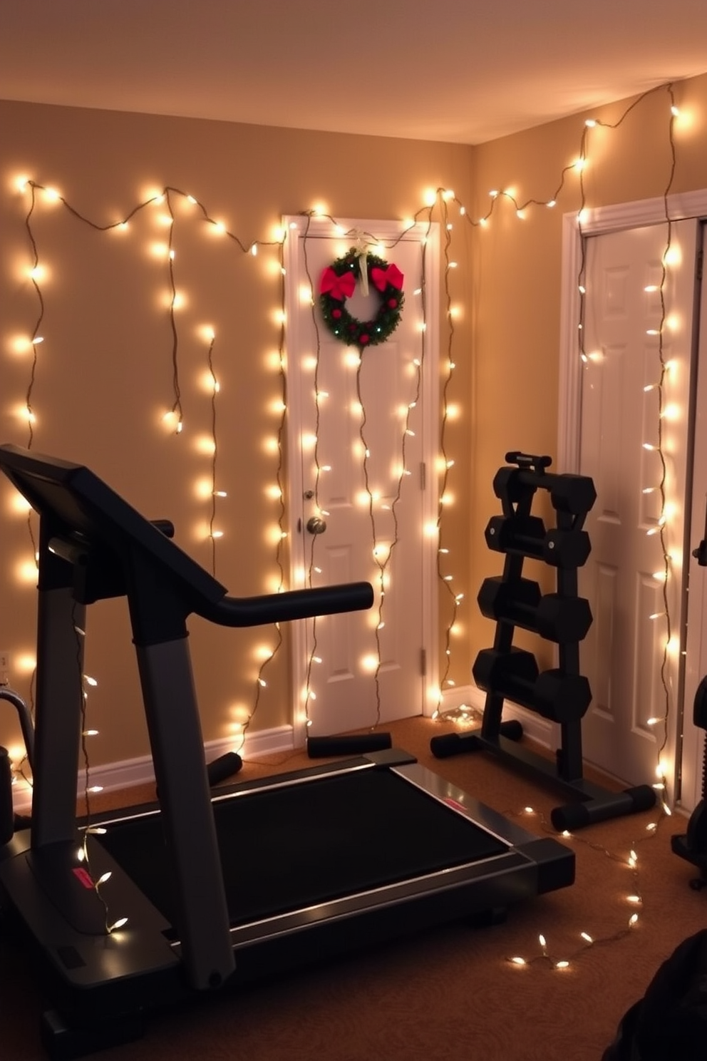 A cozy home gym adorned with festive lights draped elegantly around the exercise equipment. The space features a treadmill and weights, illuminated by twinkling lights that create a cheerful holiday atmosphere.