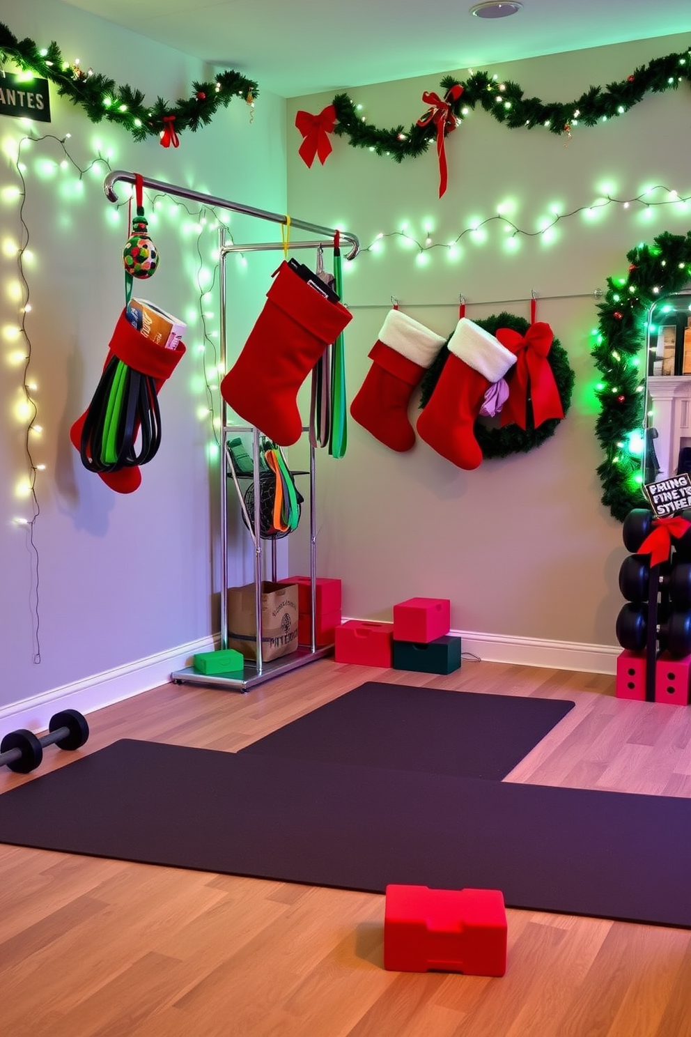 A cozy home gym decorated for Christmas features vibrant red and green accents. Christmas stockings filled with fitness goodies hang from a sleek metal rack, showcasing items like resistance bands and protein bars. The walls are adorned with twinkling fairy lights and festive garlands, creating a cheerful atmosphere. A large exercise mat is placed in the center, surrounded by weights and yoga blocks, ready for a holiday workout session.