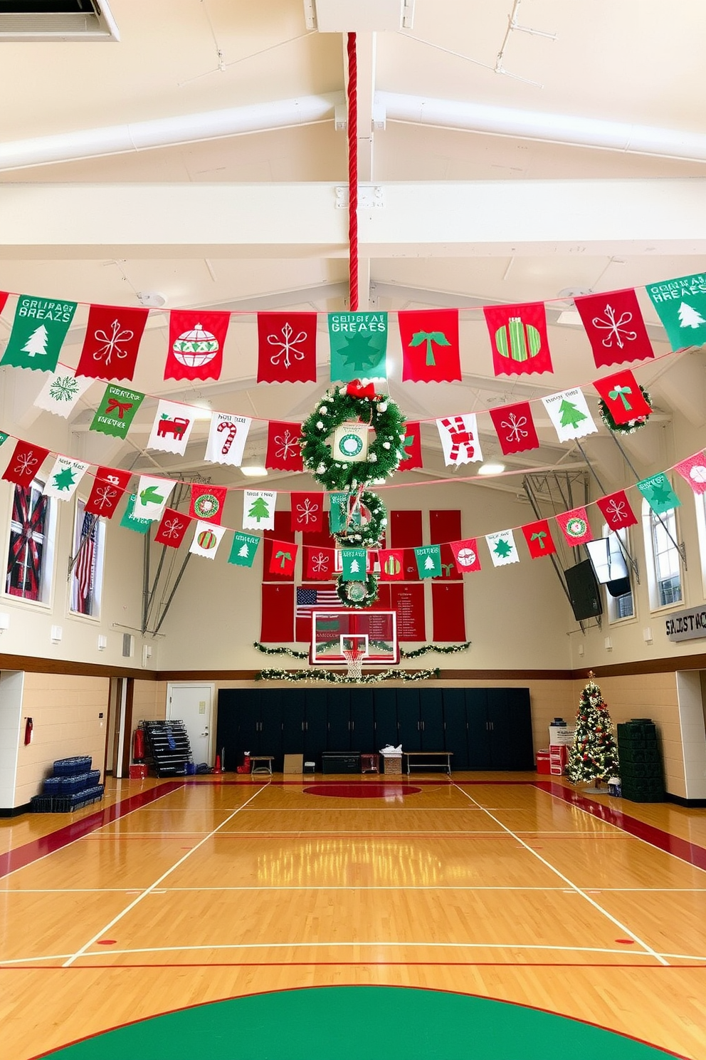 A festive home gym decorated for the holidays. Colorful holiday banners hang across the gym space, creating a cheerful atmosphere.