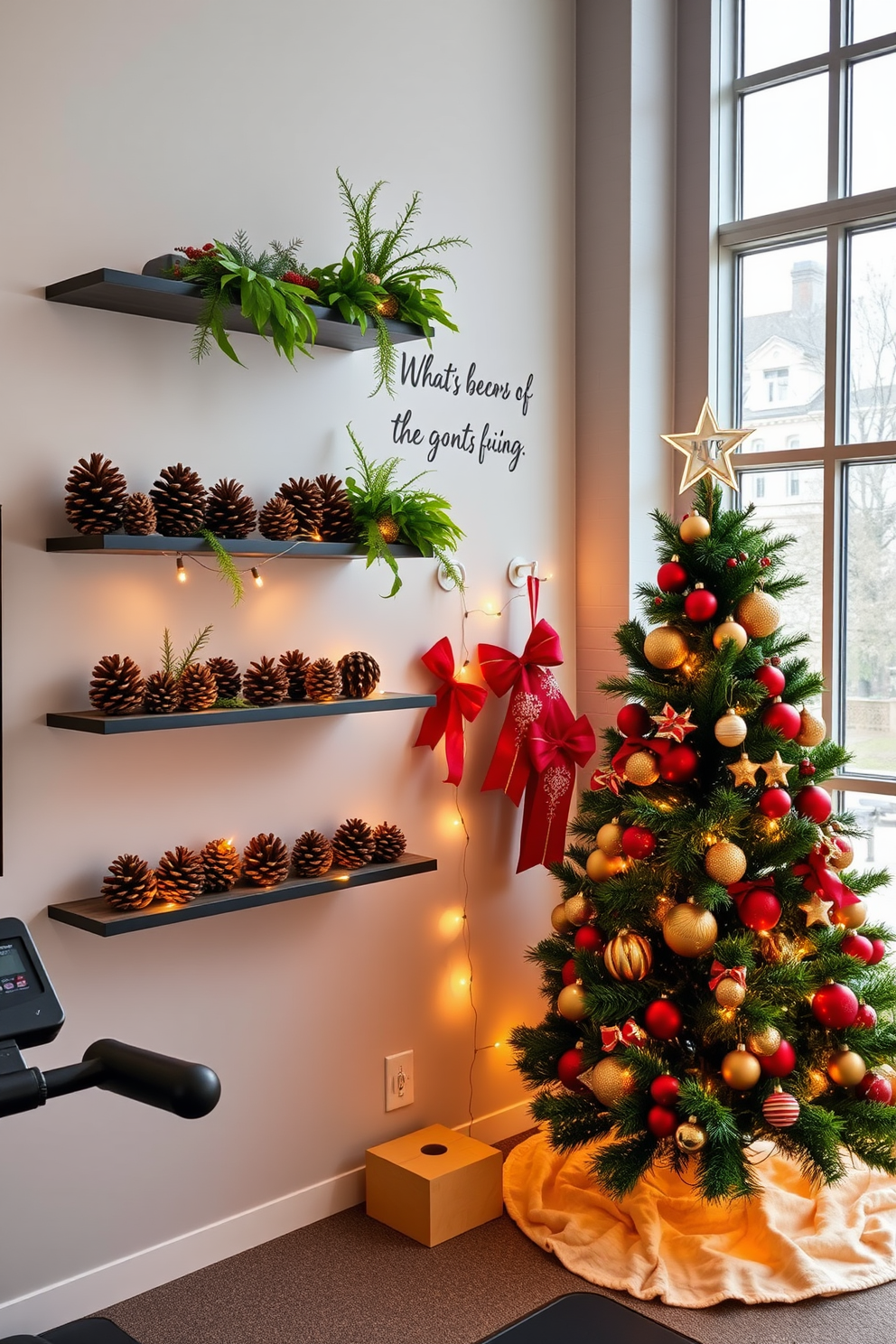 A cozy home gym setting featuring shelves adorned with pinecones and lush greenery. The walls are painted in a calming light gray, and natural light floods the space through large windows, creating an inviting atmosphere. The shelves are filled with various sizes of pinecones and vibrant green plants, adding a touch of nature to the workout area. A motivational quote is displayed on the wall, inspiring a positive mindset while exercising. For Christmas decorating ideas, envision a warm and festive living room with a beautifully decorated tree in the corner. Strings of twinkling lights and ornaments in rich red and gold tones create a joyful ambiance throughout the space.