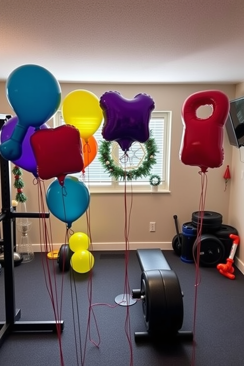 A vibrant home gym setting decorated for Christmas. Colorful balloons shaped like fitness items are scattered throughout the space, adding a festive touch to the workout area.