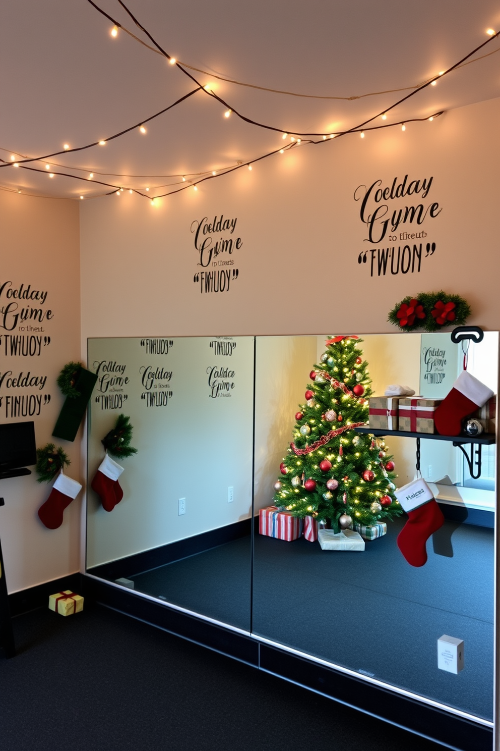 A cozy home gym adorned with holiday-themed motivational quotes on the walls. The space features a large mirror reflecting festive decorations, with string lights draped across the ceiling for a warm ambiance. Christmas decorations include a vibrant tree in the corner, surrounded by neatly wrapped gifts. Stockings hang from a stylish shelf, adding a touch of holiday cheer to the workout area.