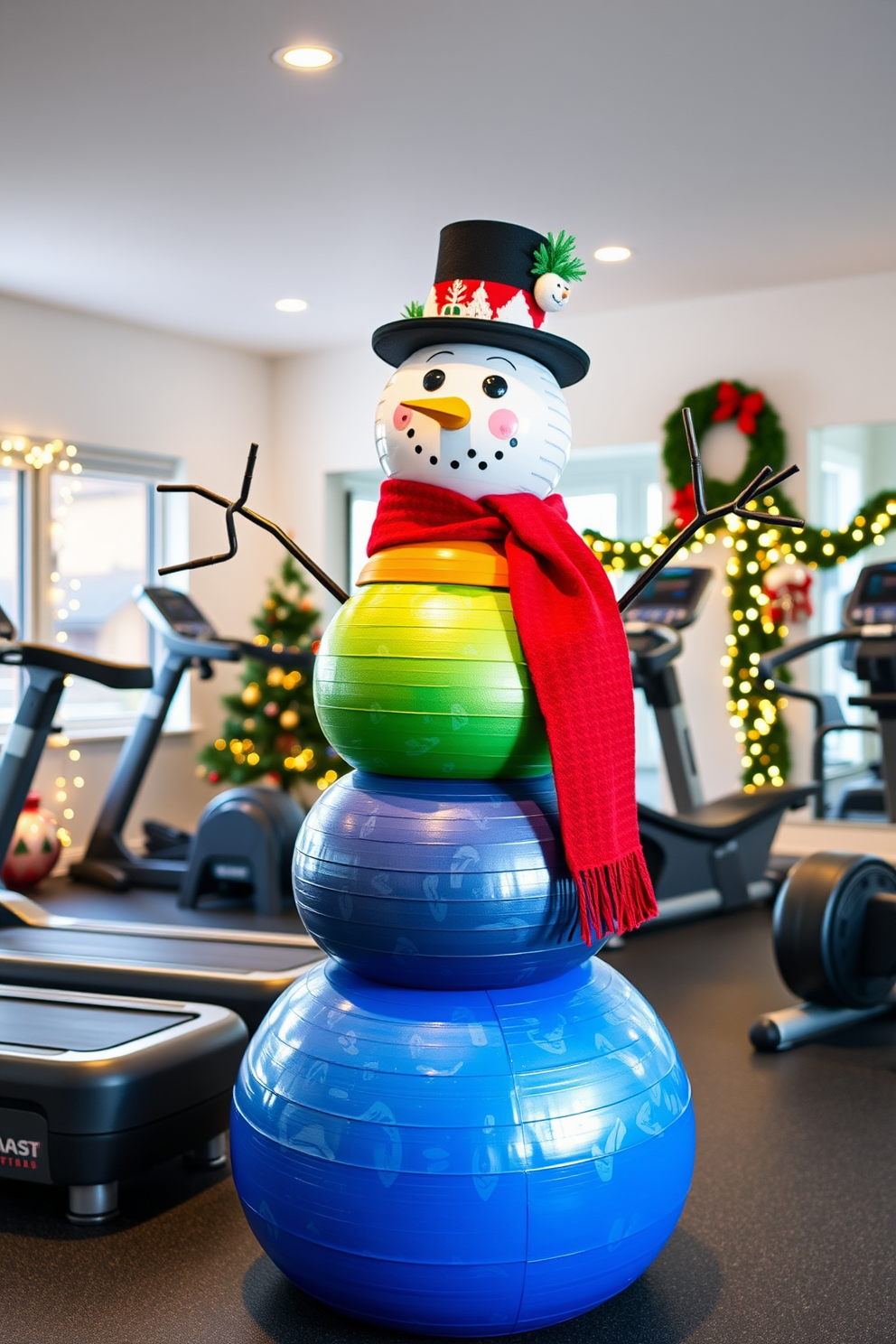 A whimsical snowman made entirely from colorful exercise balls is set in a bright home gym. The snowman is adorned with a scarf and a top hat, surrounded by festive Christmas decorations that bring a cheerful holiday spirit to the workout space. The home gym features modern exercise equipment, neatly organized and complemented by twinkling fairy lights. Christmas-themed accents, such as a small tree and garlands, add a playful touch to the fitness environment.