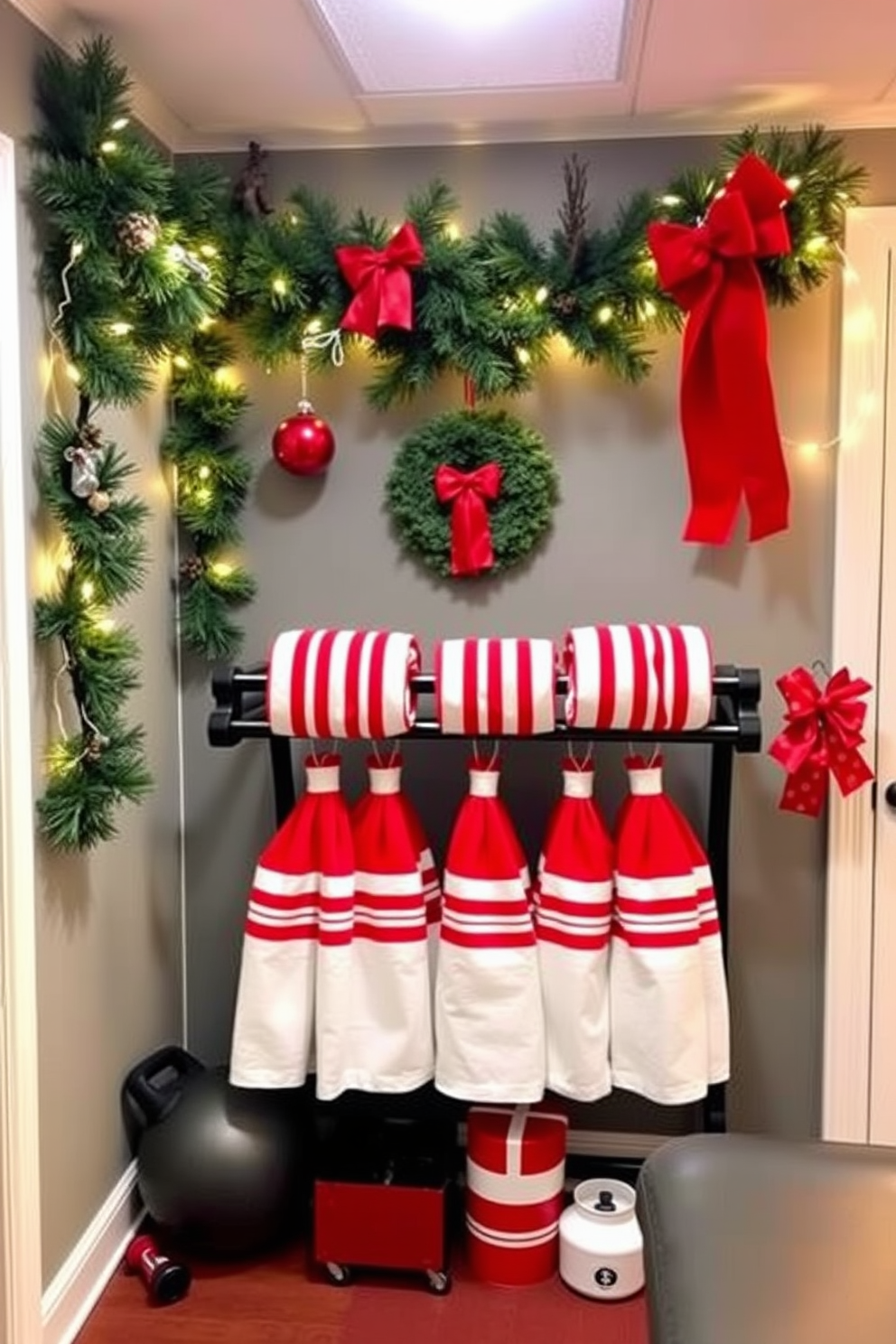 A festive display of holiday-themed water bottles arranged neatly on wooden racks. Each bottle features vibrant seasonal designs, creating a cheerful atmosphere perfect for the holiday season. A home gym adorned with Christmas decorations, including twinkling lights and festive garlands. The space is inviting, combining workout equipment with holiday cheer to inspire fitness during the festive season.