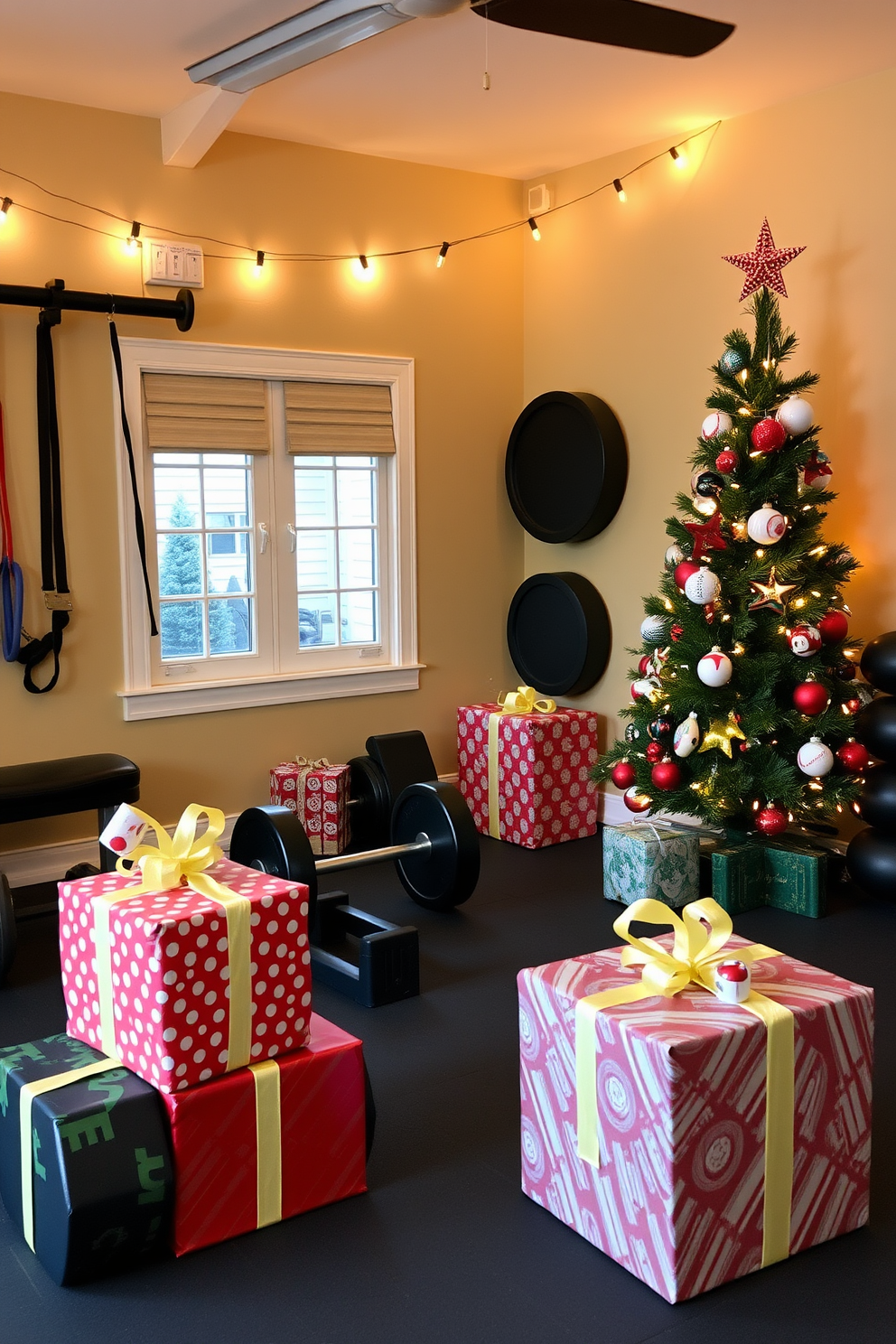 A cozy home gym adorned for the holidays. Softly glowing Christmas lights are draped around the treadmill, creating a festive atmosphere. Brightly colored ornaments hang from the ceiling, adding a touch of cheer to the space. A small Christmas tree is placed in the corner, decorated with fitness-themed ornaments and twinkling lights.