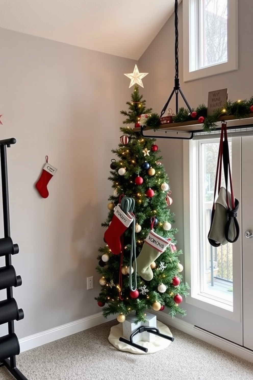 A cozy home gym setting adorned with festive decorations. The walls are painted in a soft gray, and a large window lets in natural light, illuminating the space. A Christmas tree stands in one corner, decorated with workout-themed ornaments and twinkling lights. Stockings hang from a shelf, filled with fitness accessories like resistance bands and jump ropes.