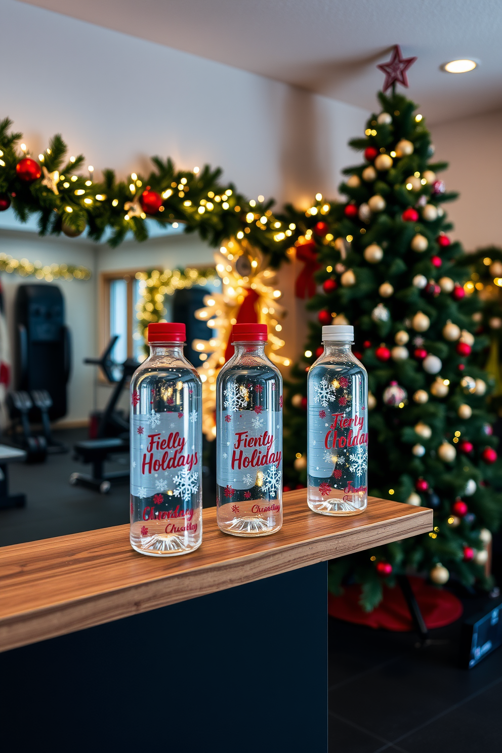 Christmas themed water bottles are elegantly arranged on a wooden shelf. Each bottle features festive designs with snowflakes and holiday colors creating a cheerful atmosphere. The home gym is adorned with Christmas decorations including garlands and twinkling lights. A large Christmas tree stands in the corner, decorated with ornaments that match the gym's color scheme.