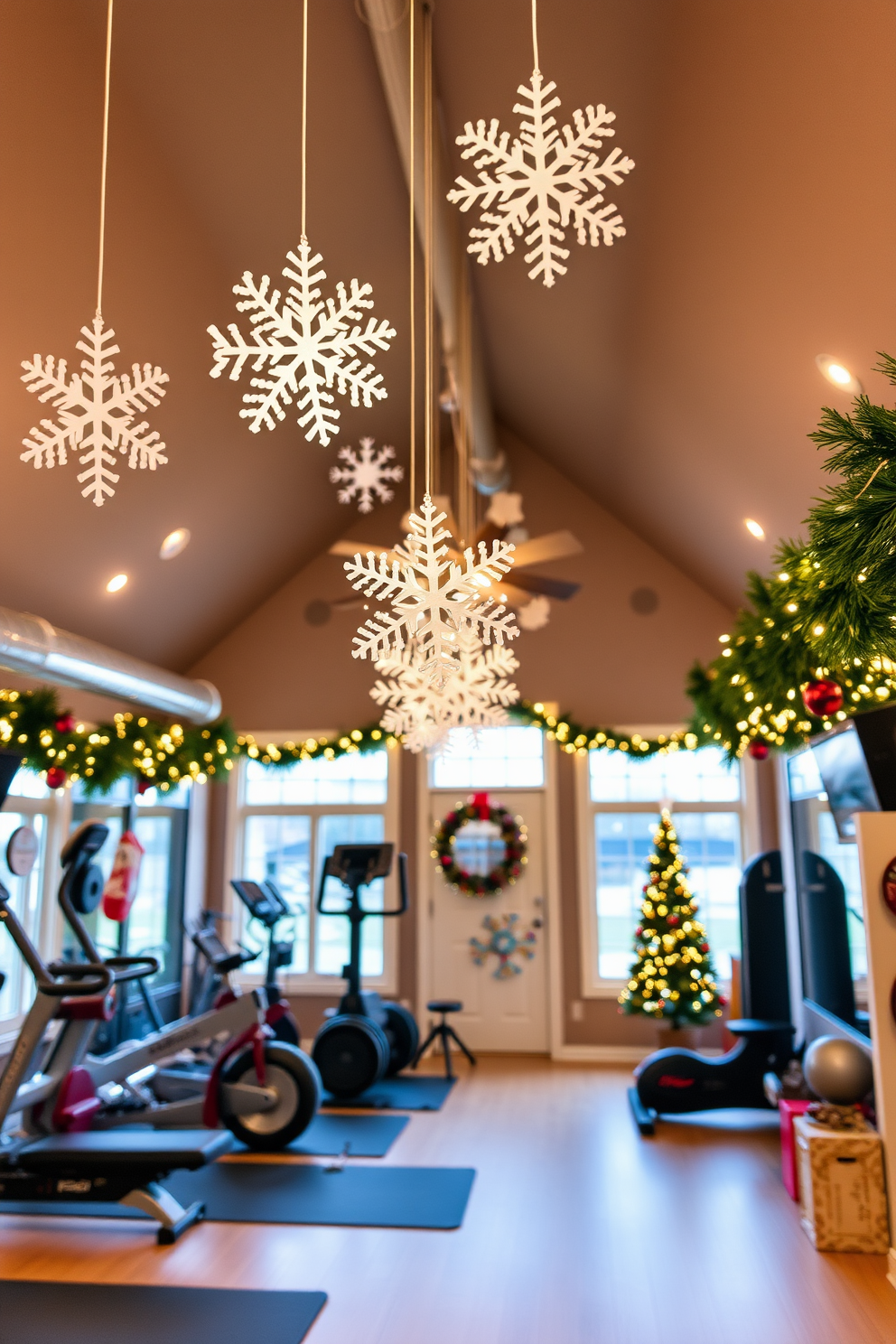 A cozy home gym decorated for Christmas features hanging snowflakes gracefully suspended from the ceiling. The space is filled with fitness equipment, and festive accents like garlands and twinkling lights create a warm and inviting atmosphere.