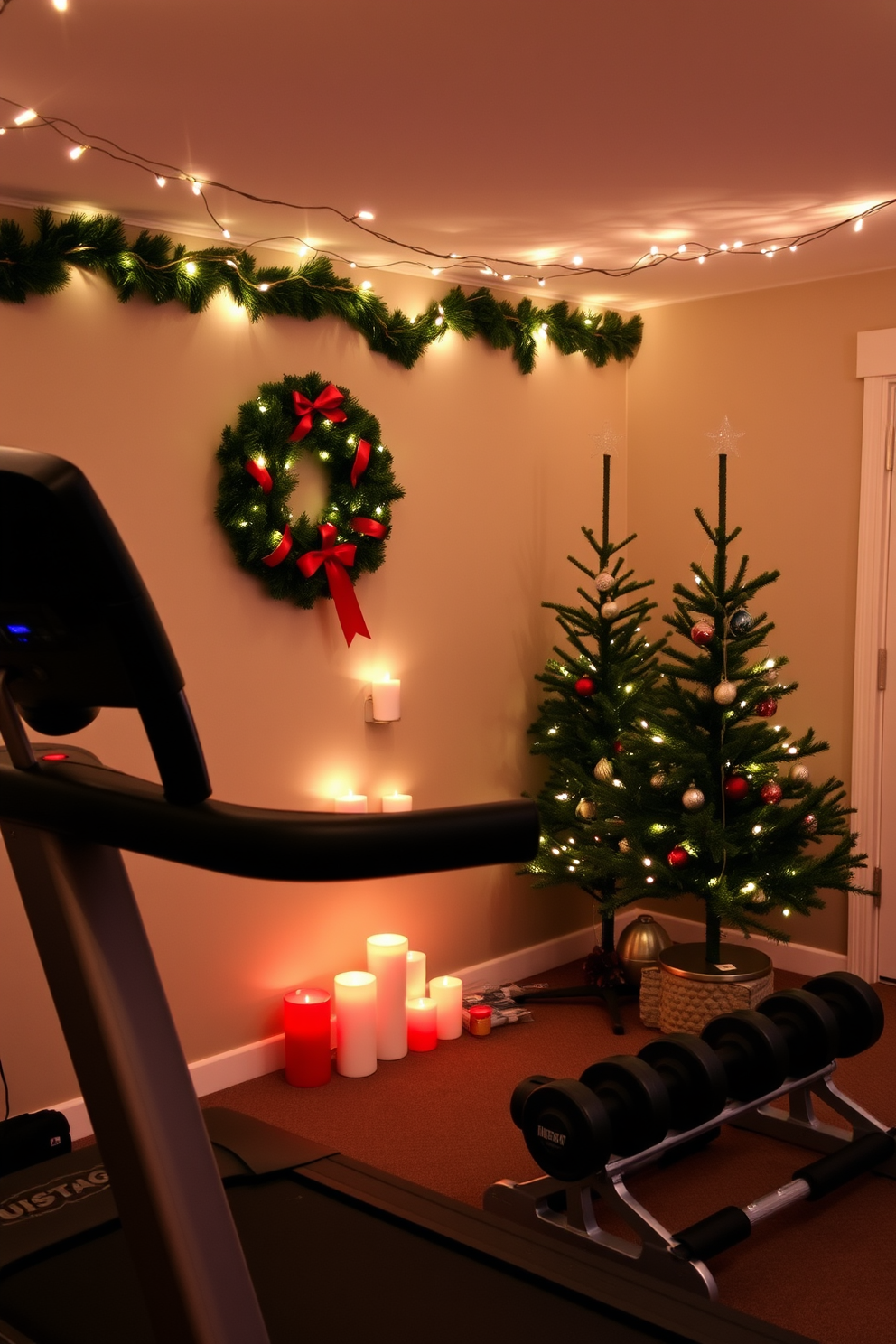 A cozy home gym adorned with festive decorations. The space features a sleek treadmill and free weights, surrounded by scented candles in holiday fragrances that create a warm atmosphere. Christmas decorations include a vibrant wreath on the wall and string lights draped across the ceiling. A small tree in the corner is adorned with ornaments, adding a cheerful touch to the workout area.