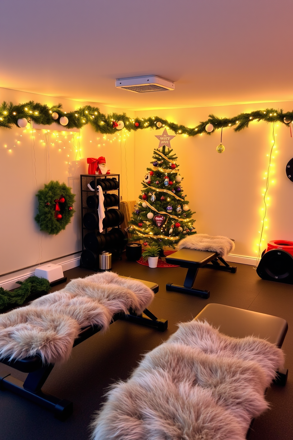 A cozy home gym setting featuring workout benches adorned with soft faux fur throws. The space is illuminated by warm lighting, creating an inviting atmosphere perfect for holiday fitness motivation. Christmas decorations are tastefully arranged throughout the gym, with festive garlands draped over the benches and twinkling fairy lights strung along the walls. A small Christmas tree sits in the corner, decorated with ornaments that inspire a healthy and active lifestyle.