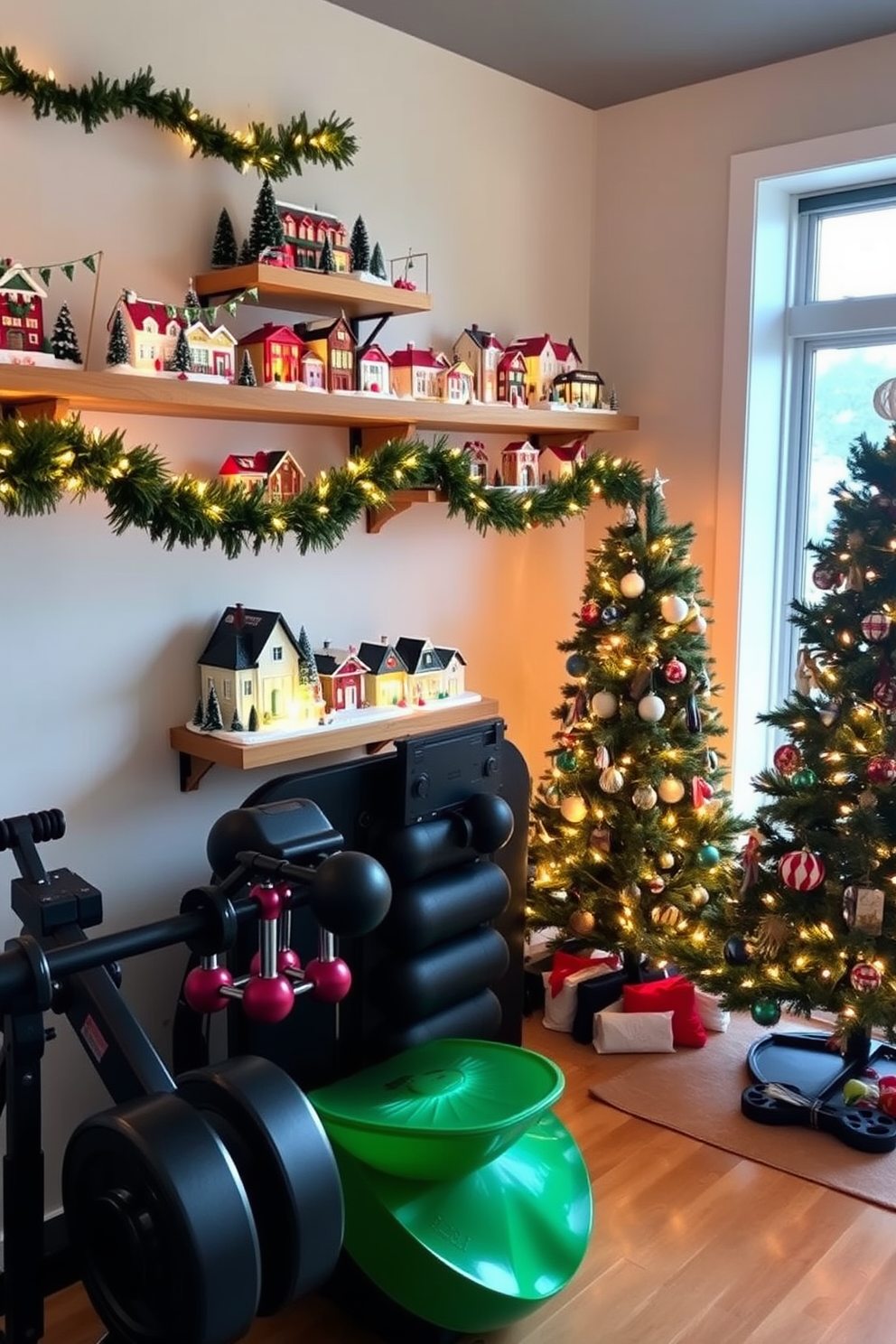 A cozy home gym decorated for Christmas. Brightly colored Christmas ornaments hang from hooks on the walls, adding festive cheer to the workout space.