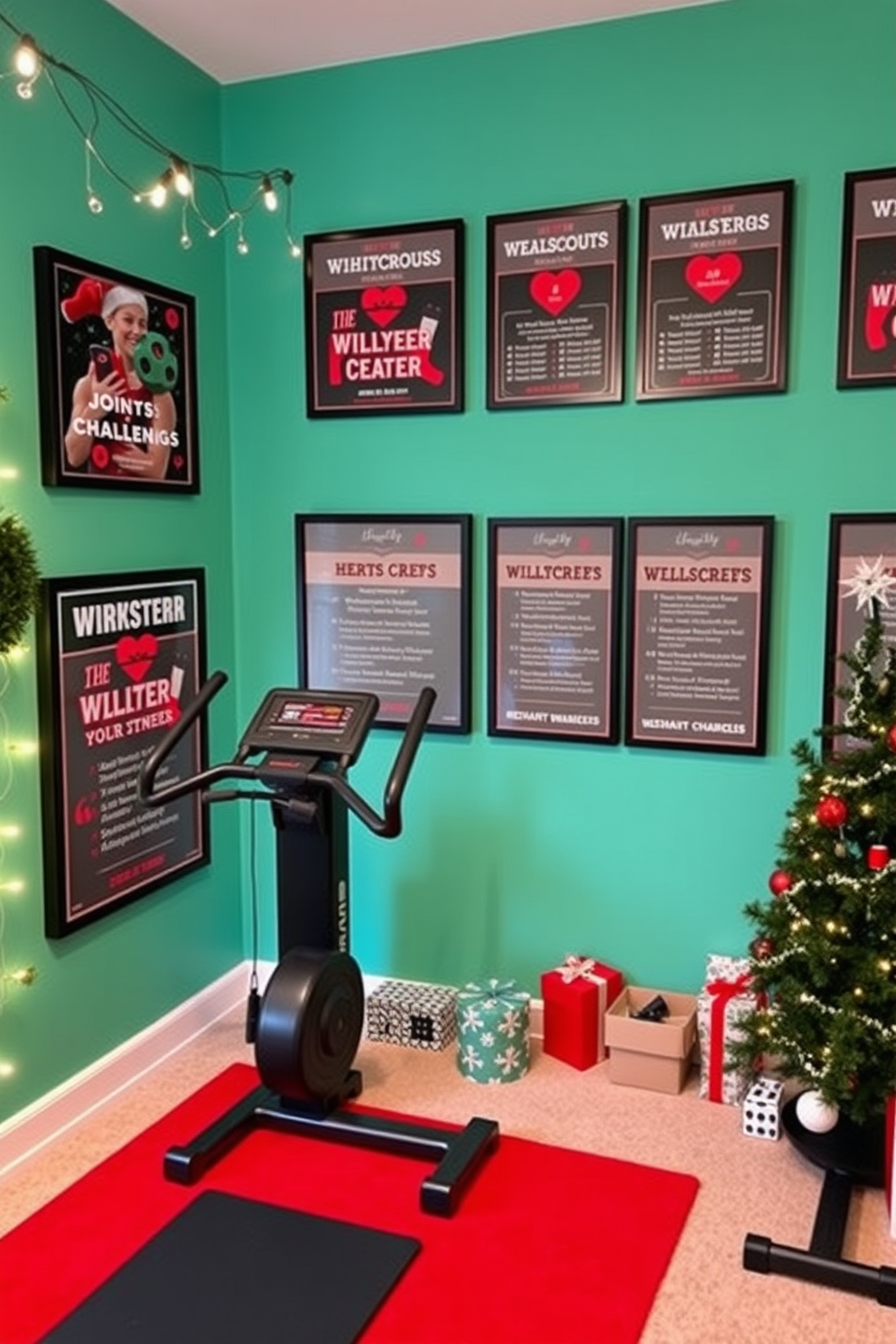 A cozy home gym decorated for Christmas. The space features a large Christmas tree in the corner adorned with fitness-themed ornaments and twinkling lights. Workout equipment is tastefully arranged, with red and green accents that complement the holiday theme. Stockings hang from the wall, each filled with small workout accessories and healthy snacks.