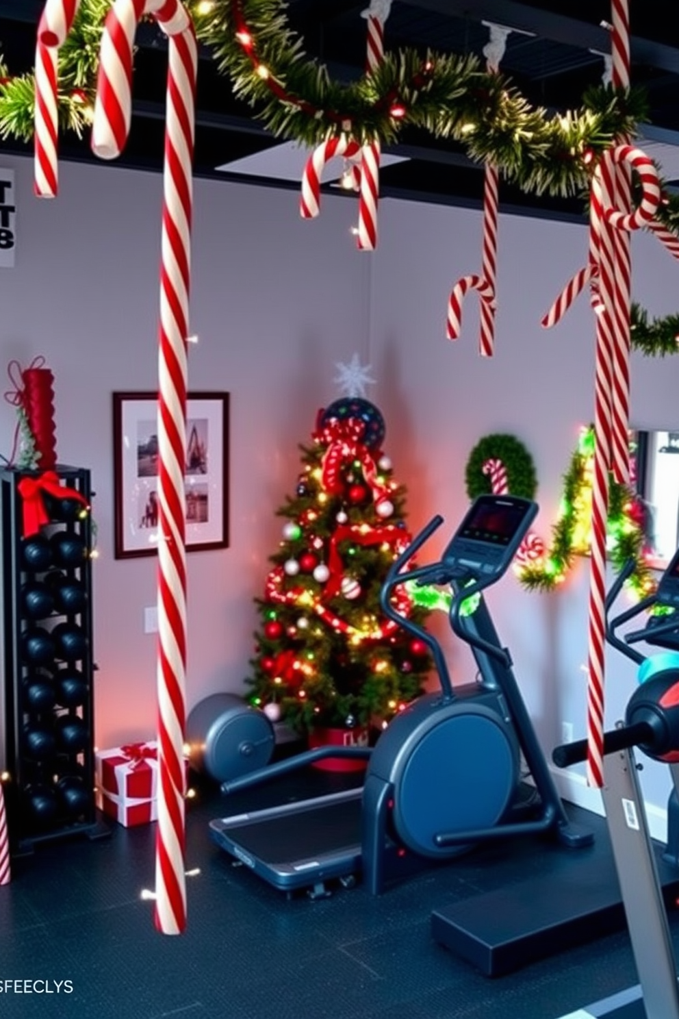 Create a festive home gym setting adorned with hanging candy canes that add a playful touch to the space. The walls are decorated with holiday-themed artwork, and a Christmas tree stands in one corner, surrounded by fitness equipment. Incorporate colorful garlands that drape across the exercise machines, enhancing the cheerful atmosphere. Soft lighting creates a warm ambiance, making the gym feel inviting and ready for holiday workouts.