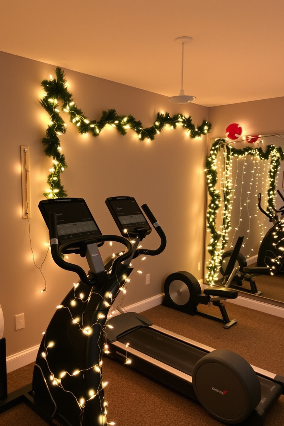 A cozy home gym adorned with festive Christmas lights wrapped around the workout equipment creating a warm and inviting atmosphere. The walls are painted in a soft gray shade, and a large mirror reflects the twinkling lights, enhancing the holiday spirit.