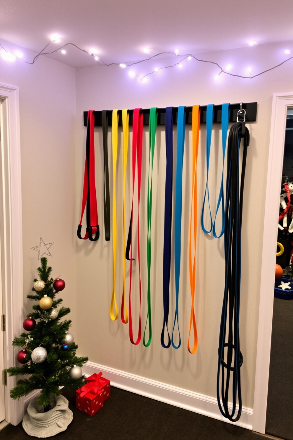 A cozy home gym decorated for the holidays features colorful resistance bands hanging on a wall-mounted rack. The space is adorned with festive decorations, including a small Christmas tree in the corner and string lights draped along the ceiling.