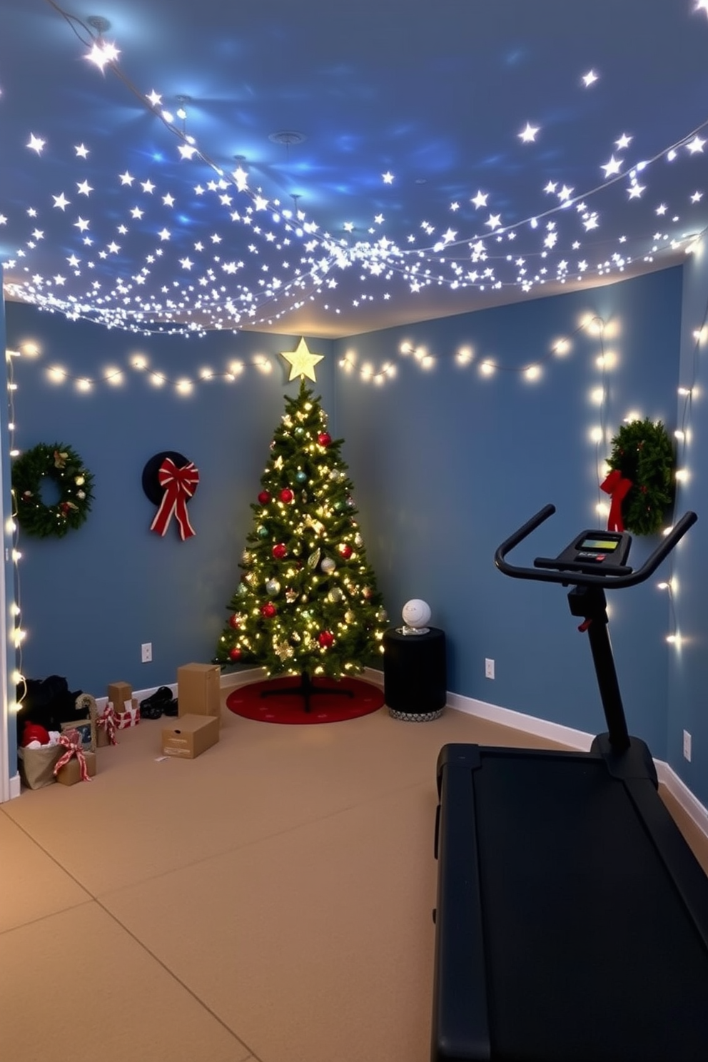 A cozy home gym adorned with twinkling stars above the workout area. The walls are painted in a calming blue hue, and the floor is covered with a soft, durable mat for comfort during exercise. Christmas decorations add a festive touch to the space. A beautifully decorated tree stands in one corner, while string lights twinkle along the walls, creating a warm and inviting atmosphere.