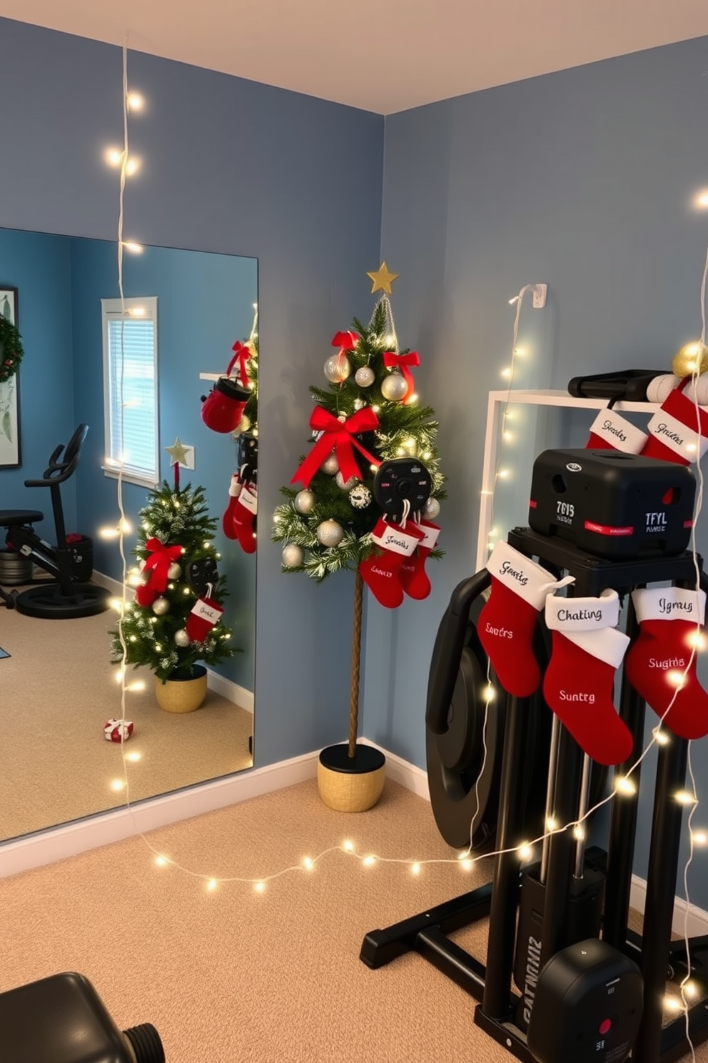 A cozy home gym adorned with personalized ornaments for gym members. The walls are painted in a calming blue hue, and a large mirror reflects the space, enhancing the sense of openness. In one corner, a small Christmas tree is decorated with weights and ribbons, while stockings with each member's name hang from a nearby shelf. Strings of warm white lights wrap around the equipment, creating a festive atmosphere perfect for holiday workouts.