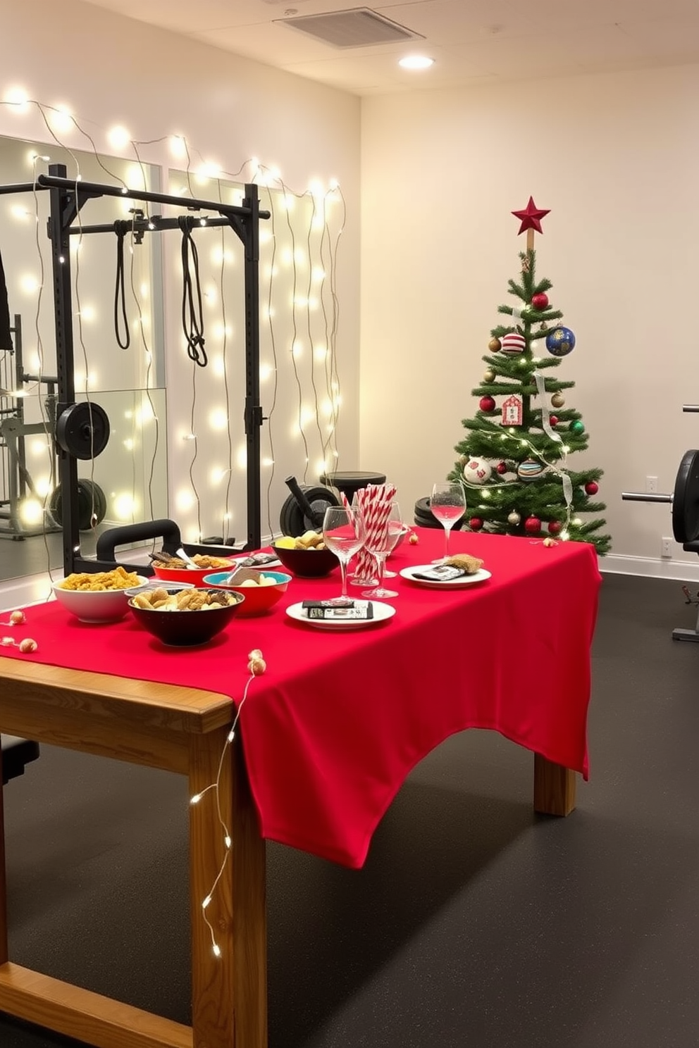 A festive table setup for post-workout snacks features a long wooden table adorned with a vibrant red tablecloth. On the table, there are colorful bowls filled with healthy snacks like fruit, nuts, and protein bars, alongside refreshing drinks in elegant glasses. Home gym Christmas decorating ideas include string lights draped around the workout equipment to create a cheerful atmosphere. A small Christmas tree is placed in one corner, decorated with fitness-themed ornaments and a star on top, adding a festive touch to the space.