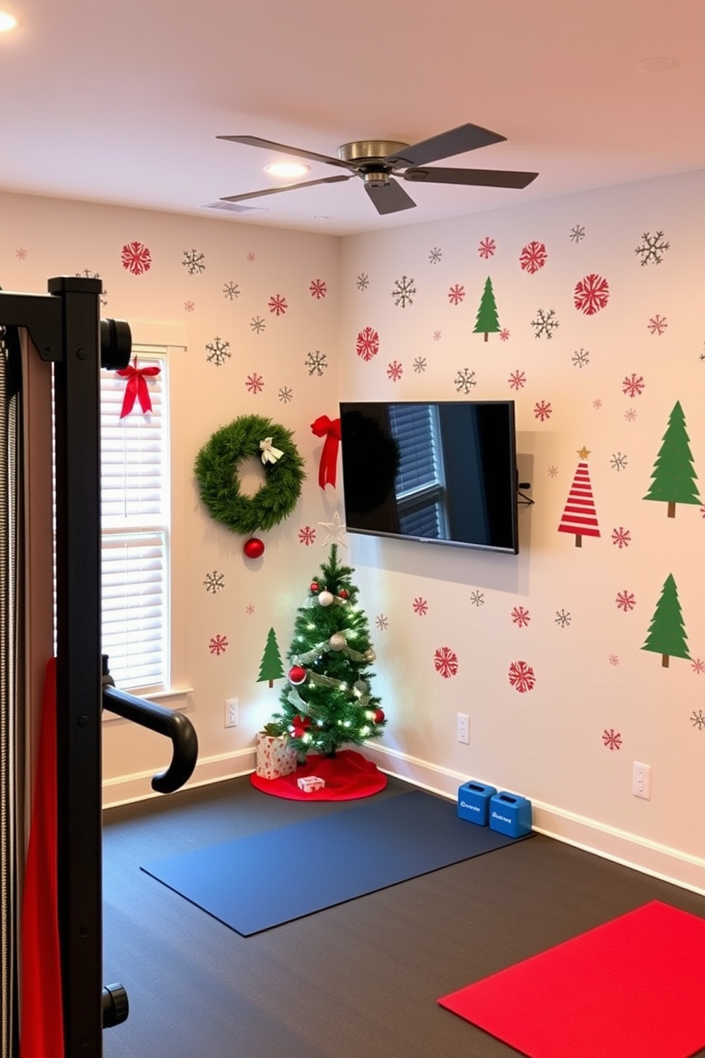 A cozy home gym adorned with Christmas-themed wall decals and stickers. The walls feature vibrant holiday designs, creating a festive atmosphere that inspires motivation and joy during workouts. Decorative elements like snowflakes and Christmas trees are strategically placed to enhance the space. Soft lighting and seasonal accents, such as a small Christmas tree in the corner, add warmth and cheer to the workout area.