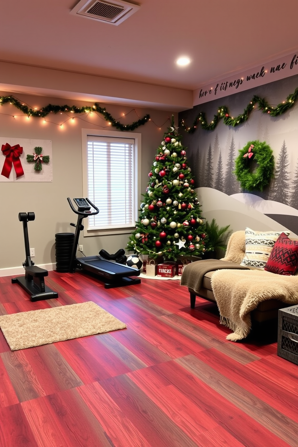 A home gym featuring flooring accents in seasonal colors such as deep red and evergreen. The walls are adorned with festive decorations, including string lights and a holiday-themed wall mural. Incorporate a Christmas tree in the corner, decorated with fitness-themed ornaments. A cozy seating area with plush blankets and pillows invites relaxation after a workout.