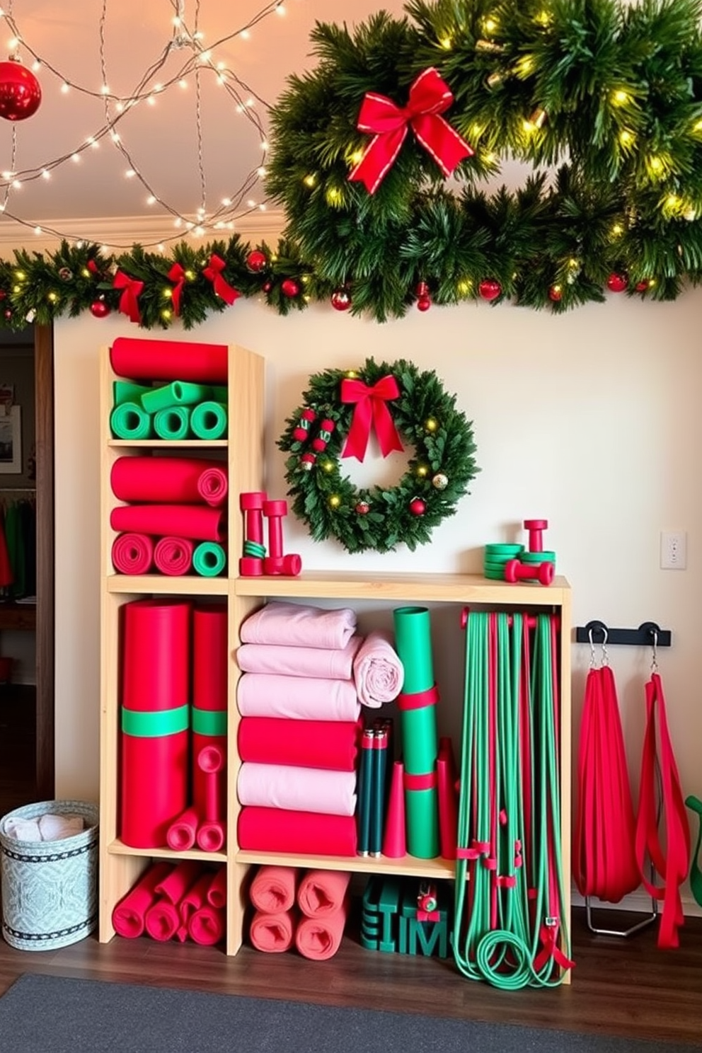 A vibrant display of red and green workout gear is arranged neatly on a wooden shelving unit. The gear includes yoga mats, dumbbells, and resistance bands, all color-coordinated for a festive look. The home gym is adorned with Christmas decorations, featuring twinkling string lights draped across the ceiling. A large holiday wreath hangs on the wall, adding a cheerful touch to the workout space.