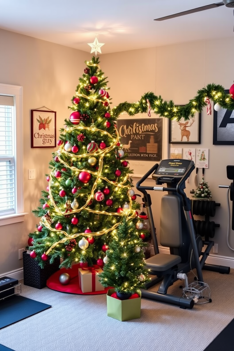 A beautifully decorated Christmas tree stands elegantly in the corner of the room. It is adorned with twinkling lights, colorful ornaments, and a shimmering star on top. The home gym is transformed with festive decorations, featuring garlands draped over the equipment and holiday-themed wall art. A cozy atmosphere is created with soft lighting and a small Christmas tree placed near the workout area.