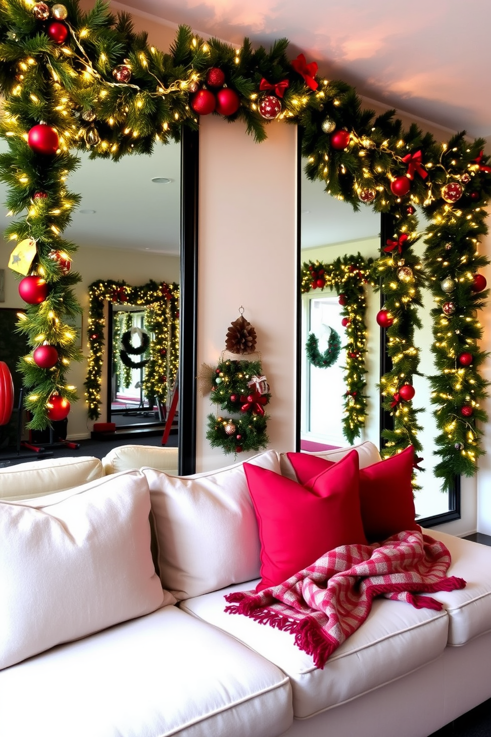 Holiday garlands draped elegantly over large mirrors create a festive atmosphere in the home gym. The garlands, adorned with twinkling lights and seasonal ornaments, enhance the space while maintaining an inviting and cheerful vibe. Incorporating Christmas decorating ideas, the home gym features a vibrant color palette of red and green. Plush cushions and a cozy throw blanket are added to the seating area, making it a perfect spot to relax after a workout.