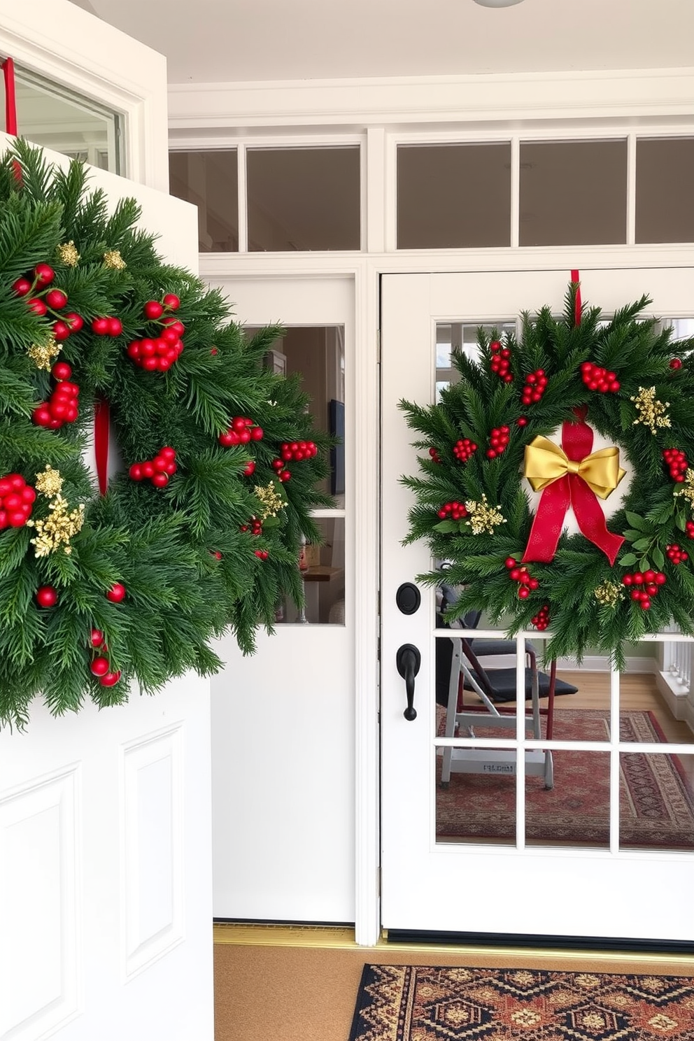 A festive home gym adorned with wreaths on the doors and windows. The wreaths are lush and vibrant, featuring a mix of evergreen branches, red berries, and golden accents to create a cheerful holiday atmosphere.