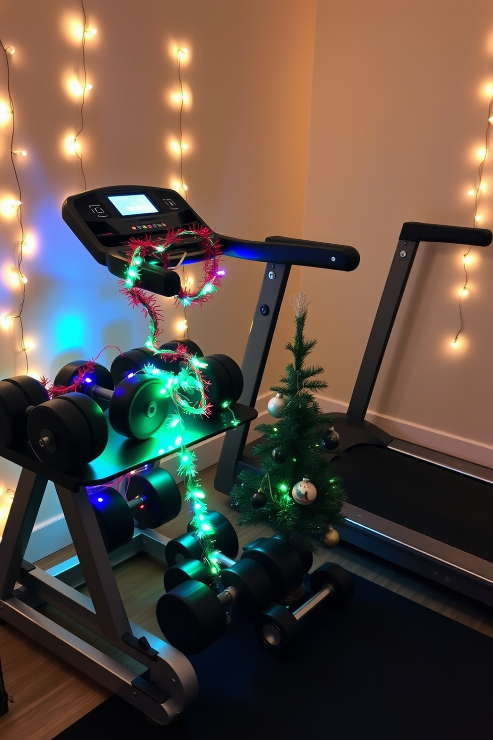 A cozy home gym setting adorned with DIY ornaments on dumbbells and weights. The space features a sleek treadmill in the corner, with colorful garlands draped over the weights and dumbbells, creating a festive atmosphere. String lights are hung along the walls, illuminating the area with a warm glow. A small Christmas tree sits beside the exercise mat, decorated with miniature fitness-themed ornaments.