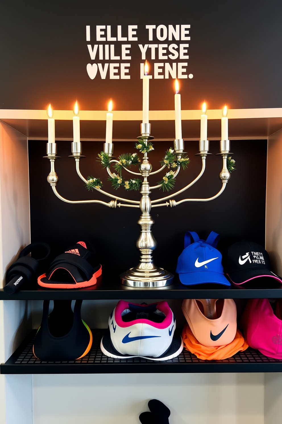 A vibrant home gym decorated for Hanukkah features festive blue and white workout gear neatly arranged on a sleek wooden rack. The walls are adorned with Star of David decorations and string lights, creating a cheerful atmosphere for exercise.