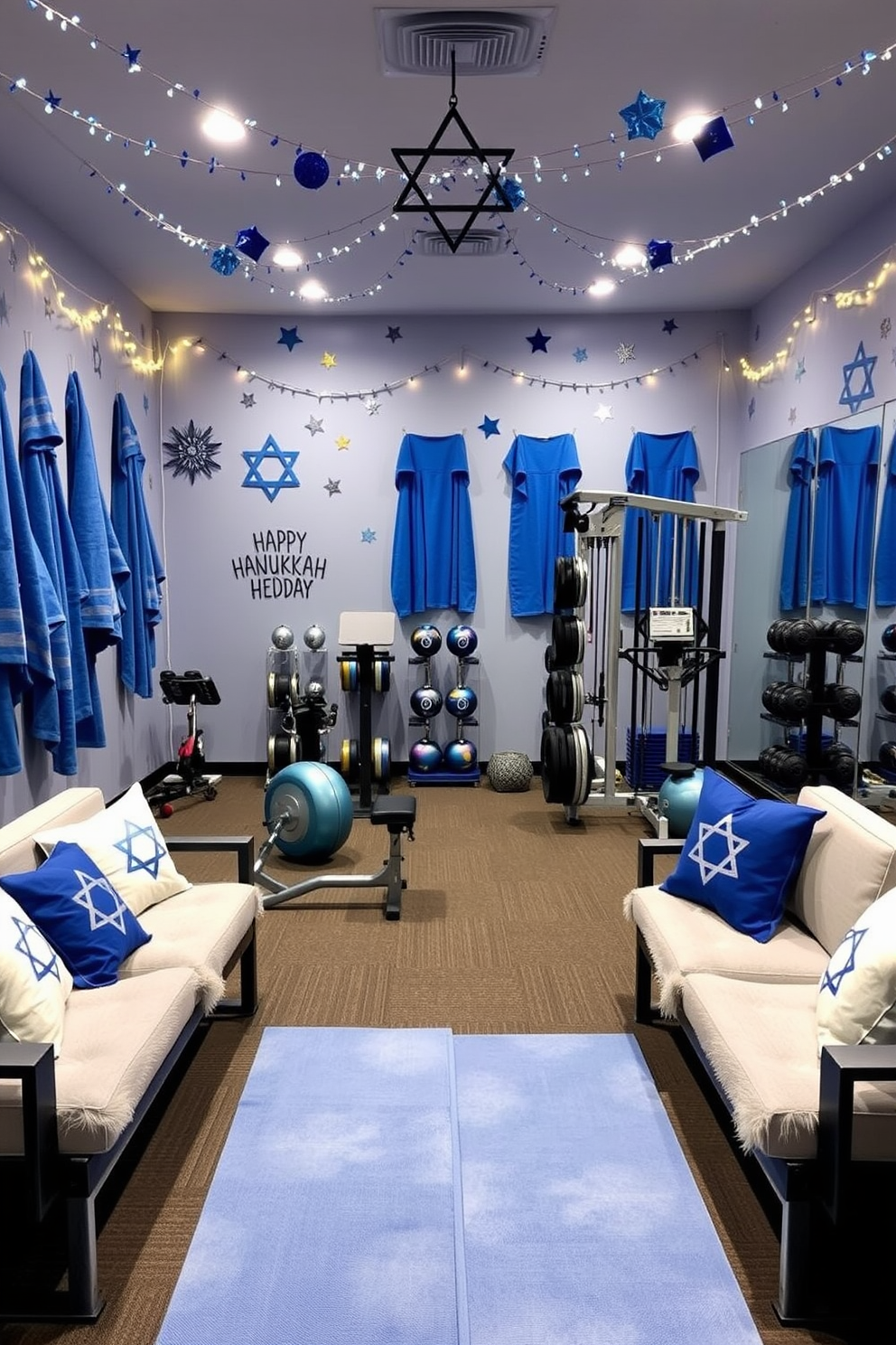 A vibrant home gym decorated for Hanukkah features towels and gear in shades of blue, silver, and white. The walls are adorned with festive decorations, including Star of David motifs and string lights, creating a cheerful atmosphere for workouts. The gym equipment is stylishly arranged, with matching Hanukkah-themed mats and weights that enhance the holiday spirit. Cozy seating areas are set up with plush cushions in Hanukkah colors, inviting relaxation after an energizing session.