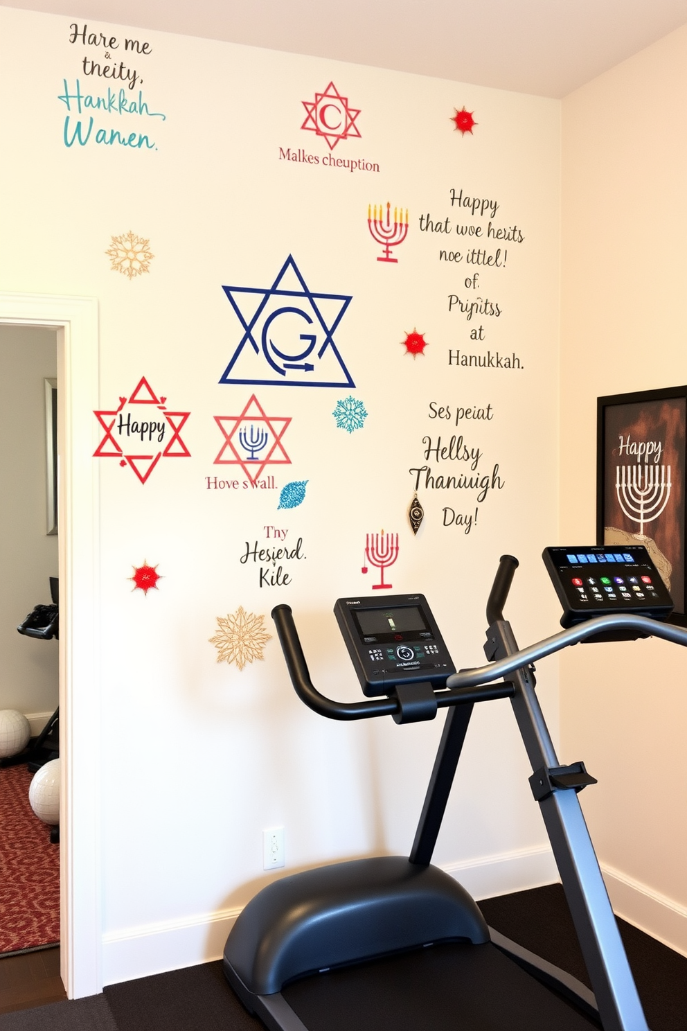 A modern home gym featuring blue LED lights installed around large mirrors to create an inviting ambiance. The space includes state-of-the-art workout equipment, a soft rubber floor, and motivational wall art to inspire fitness goals. Festive Hanukkah decorations adorn the living room, with a beautifully lit menorah as the centerpiece on a wooden table. Surrounding the menorah are decorative dreidels and vibrant blue and silver accents that evoke the spirit of the holiday.