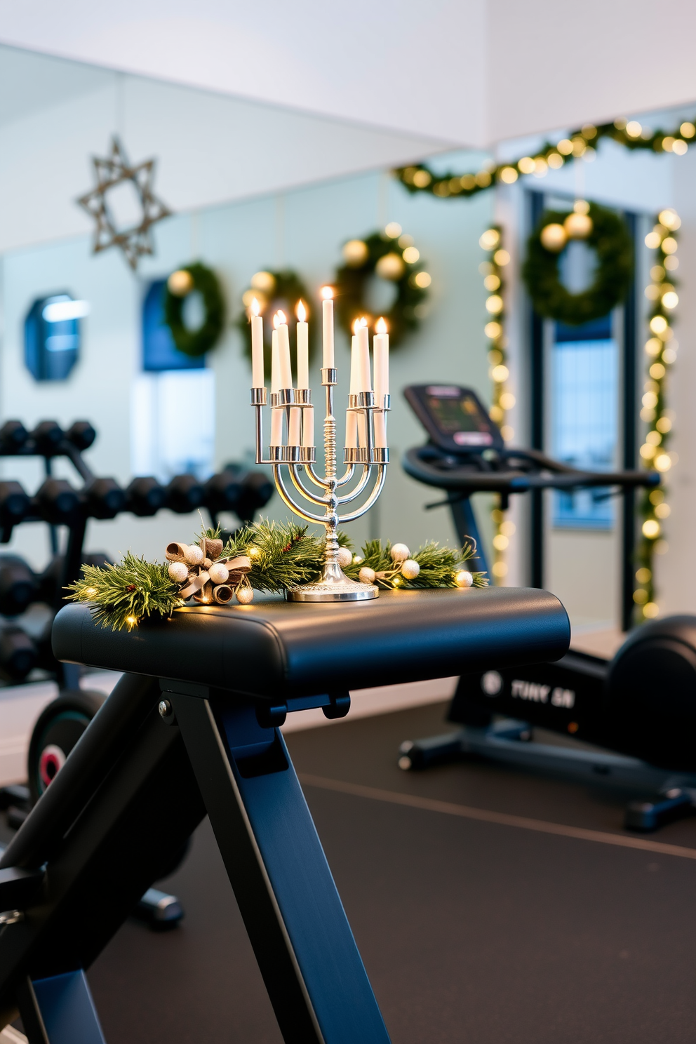 A decorative menorah is elegantly placed on a sleek workout bench, adding a festive touch to the space. The home gym is adorned with subtle Hanukkah decorations, creating a warm and inviting atmosphere for fitness and celebration.