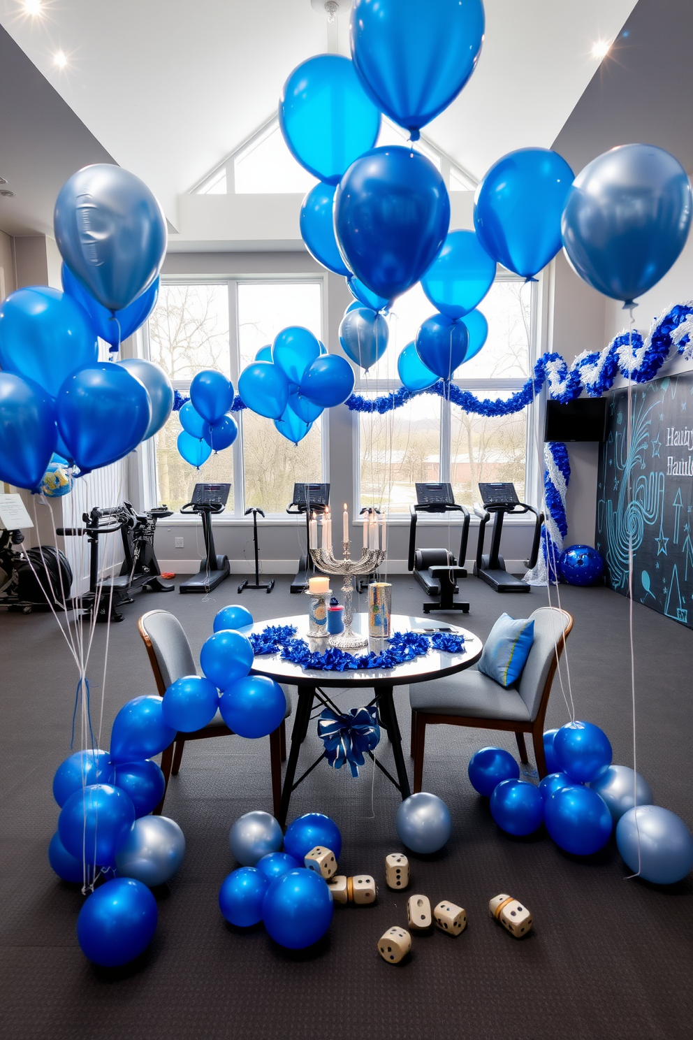 Create a home gym that incorporates traditional Hanukkah colors such as blue, white, and silver in the exercise mats. The walls are adorned with festive decorations, and a large window allows natural light to brighten the space while showcasing a view of a serene outdoor setting.