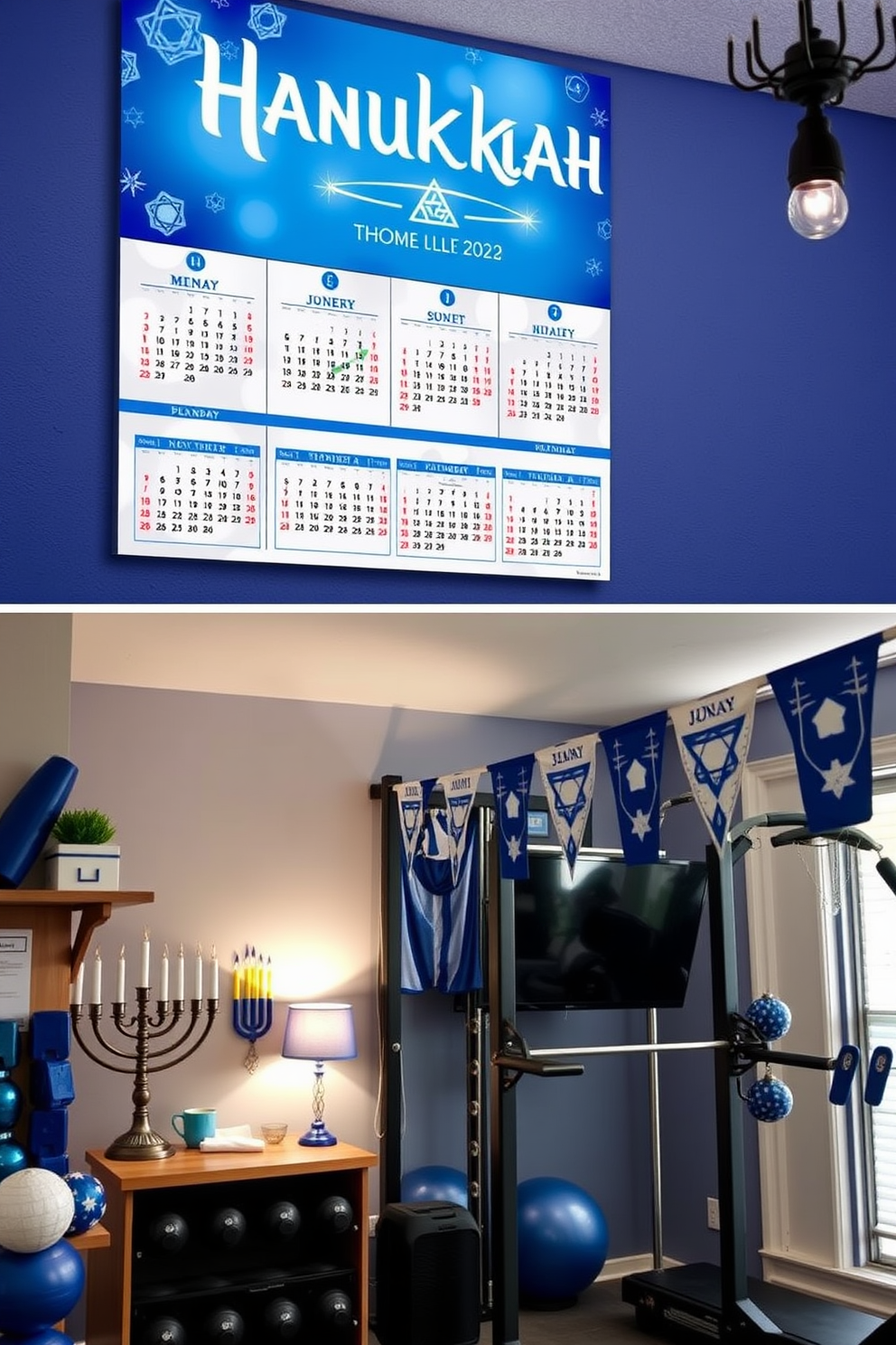 A Hanukkah-themed wall calendar featuring vibrant blue and silver colors with traditional symbols such as menorahs and dreidels. Each month showcases a unique design that inspires motivation and celebrates the festival of lights. A home gym decorated for Hanukkah with blue and white accents, including a menorah on a shelf and festive banners hanging from the ceiling. The space is illuminated with soft lighting, creating a warm and inviting atmosphere for workouts during the holiday season.