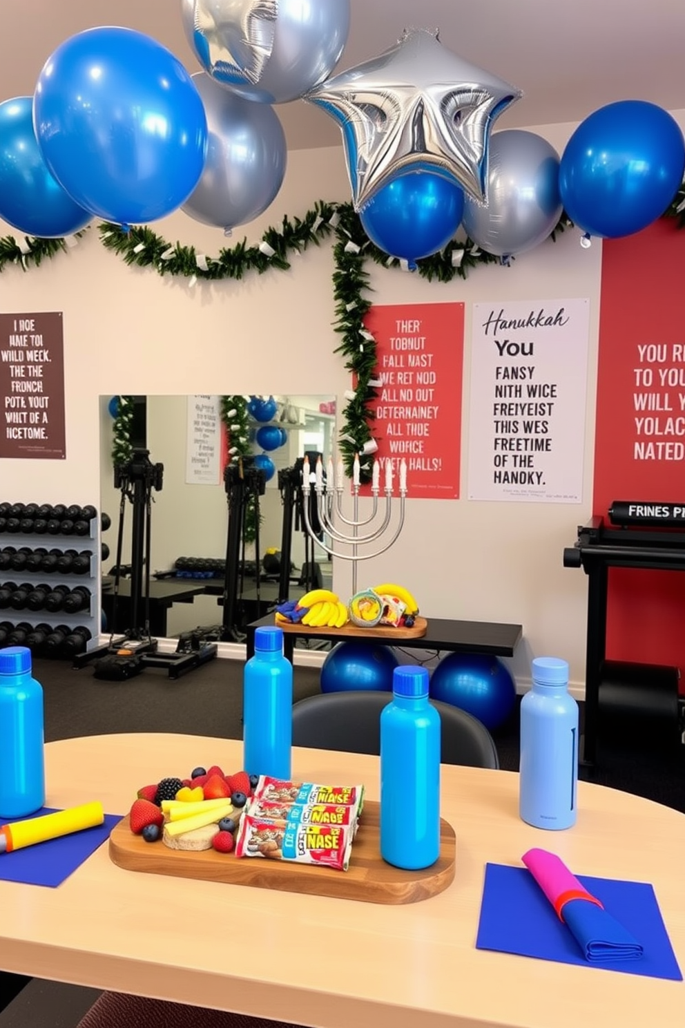 A festive table is set up for post-workout snacks featuring colorful fruits and protein bars arranged on a sleek wooden platter. Brightly colored napkins and reusable water bottles are placed at each setting, creating an inviting atmosphere for relaxation and recovery. The home gym is decorated with Hanukkah-themed accents, including a menorah placed on a shelf and blue and silver balloons floating near the ceiling. Motivational quotes are displayed on the walls, surrounded by festive garlands, blending holiday spirit with fitness inspiration.