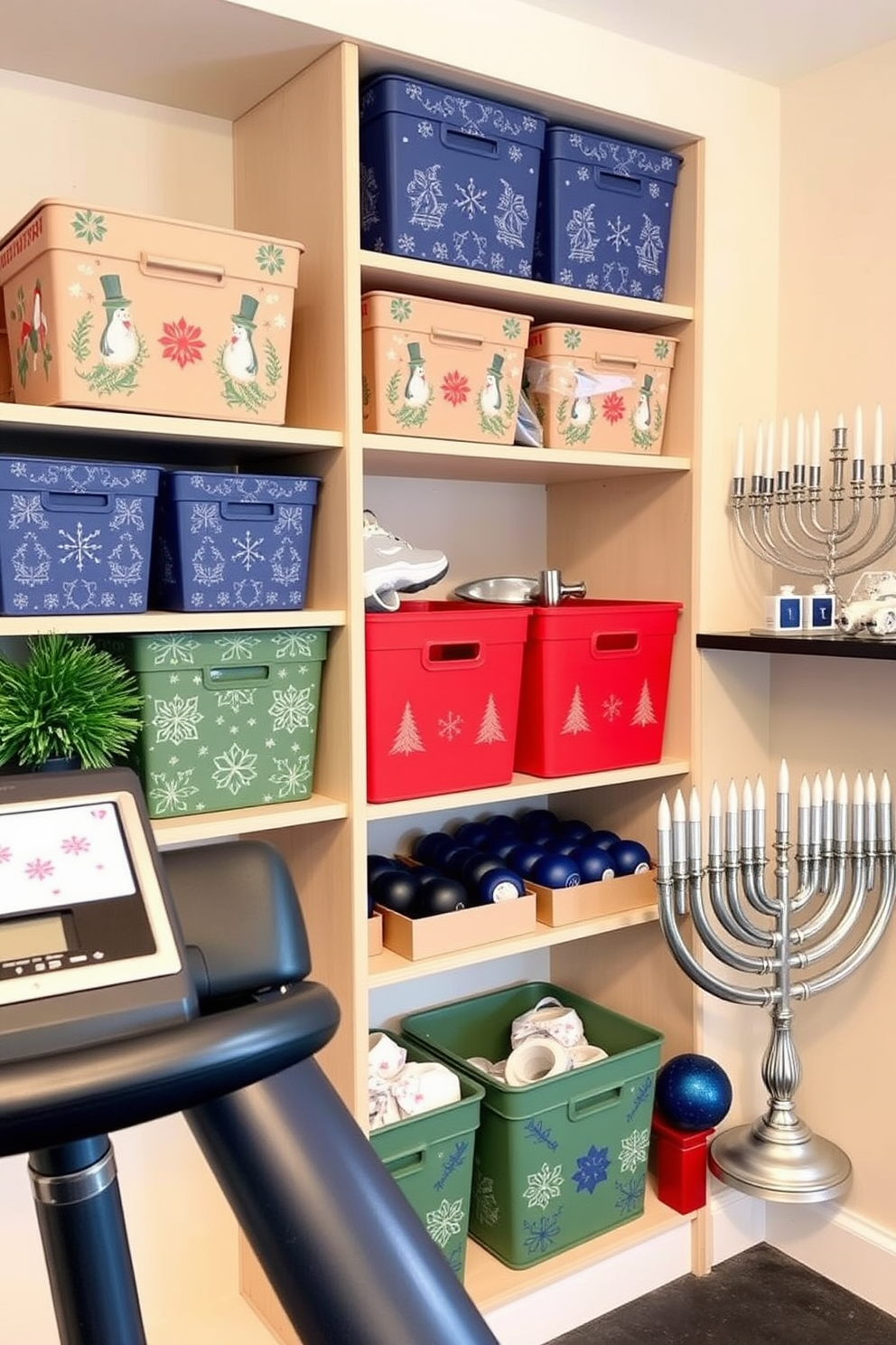 A cozy home gym setting featuring decorative storage bins in vibrant holiday colors. The bins are neatly arranged on shelves, adding a festive touch while maintaining an organized space for workout gear and accessories. Incorporate Hanukkah decorating ideas with blue and silver accents throughout the gym. Elegant menorah-inspired decor is placed on a nearby shelf, creating a warm and inviting atmosphere for holiday fitness routines.