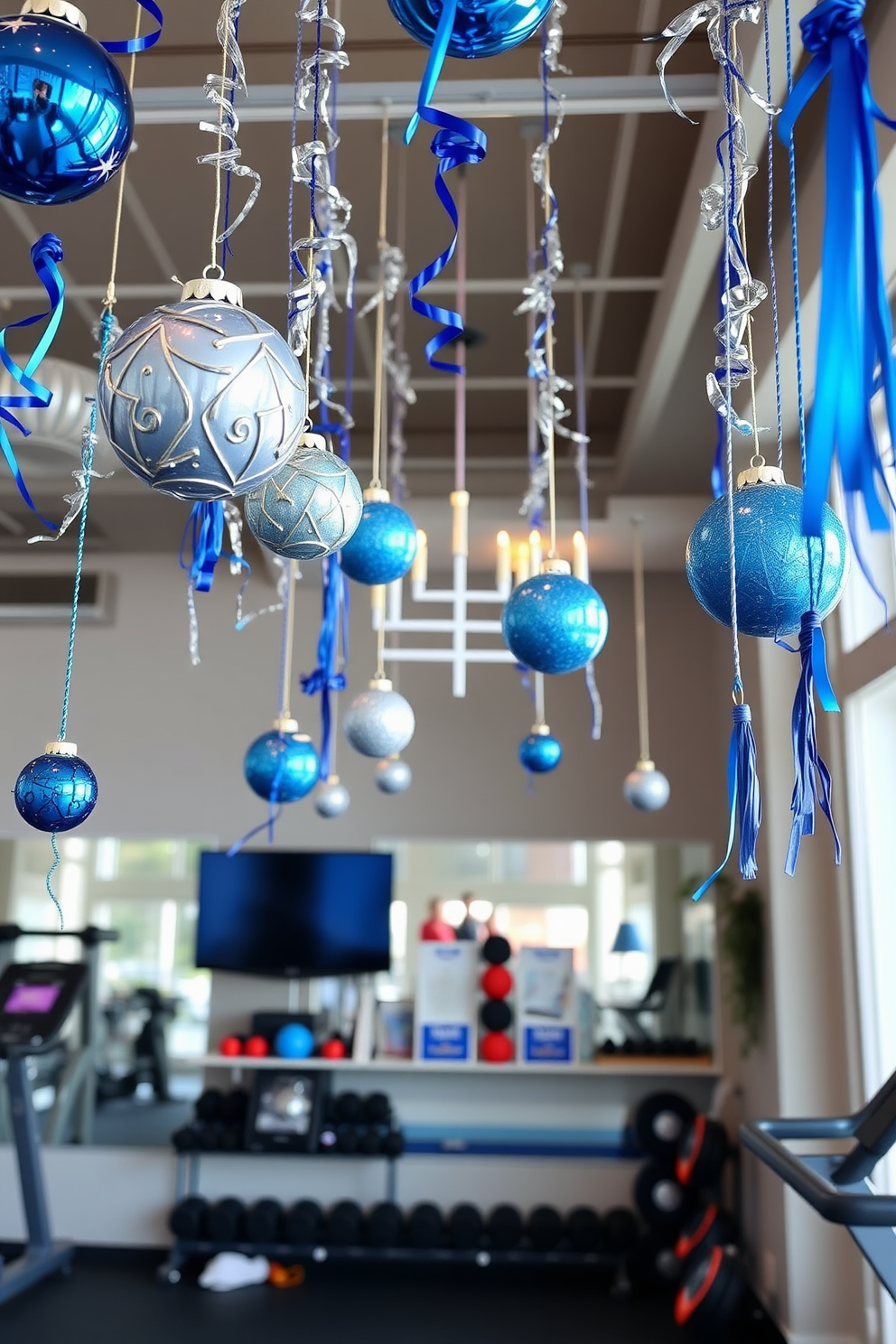 A vibrant home gym featuring Hanukkah-inspired motivational posters adorning the walls. The space includes a variety of fitness equipment, with a large mirror reflecting the energetic atmosphere. Decorative elements include blue and silver accents, reminiscent of the holiday's colors. Soft lighting enhances the motivational quotes, creating an inspiring workout environment.